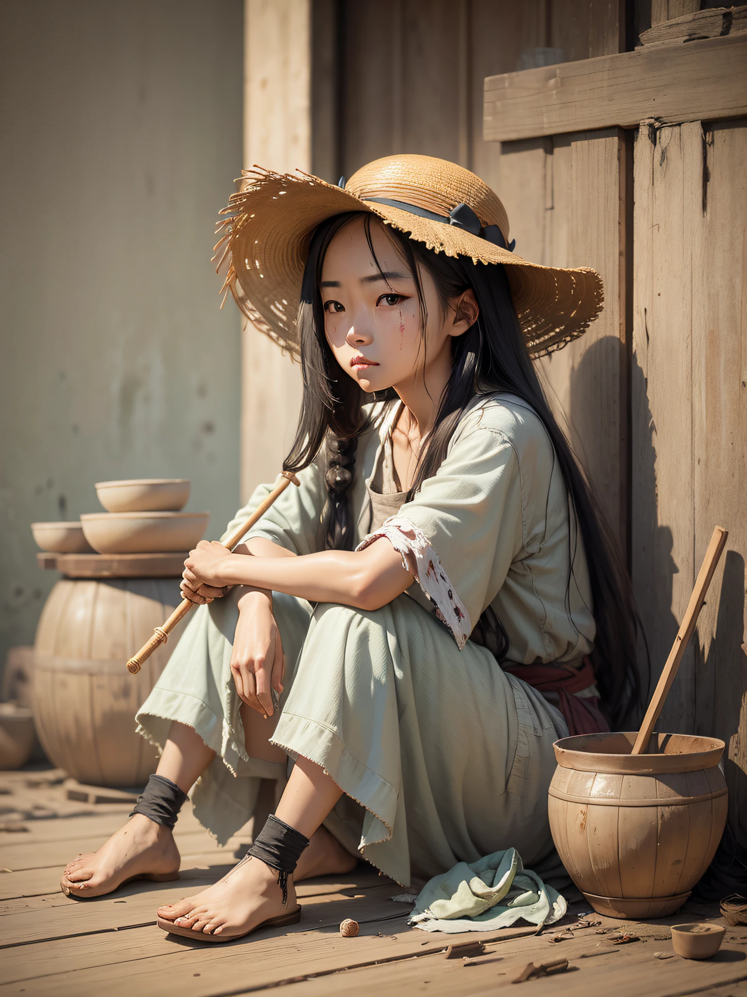 Portrait of a beautiful Chinese girl, wearing rags, holding sticks and broken bowls, begging, long hair scattered, wearing a torn straw hat, face is dirty, frontal, full body photo, --auto --s2