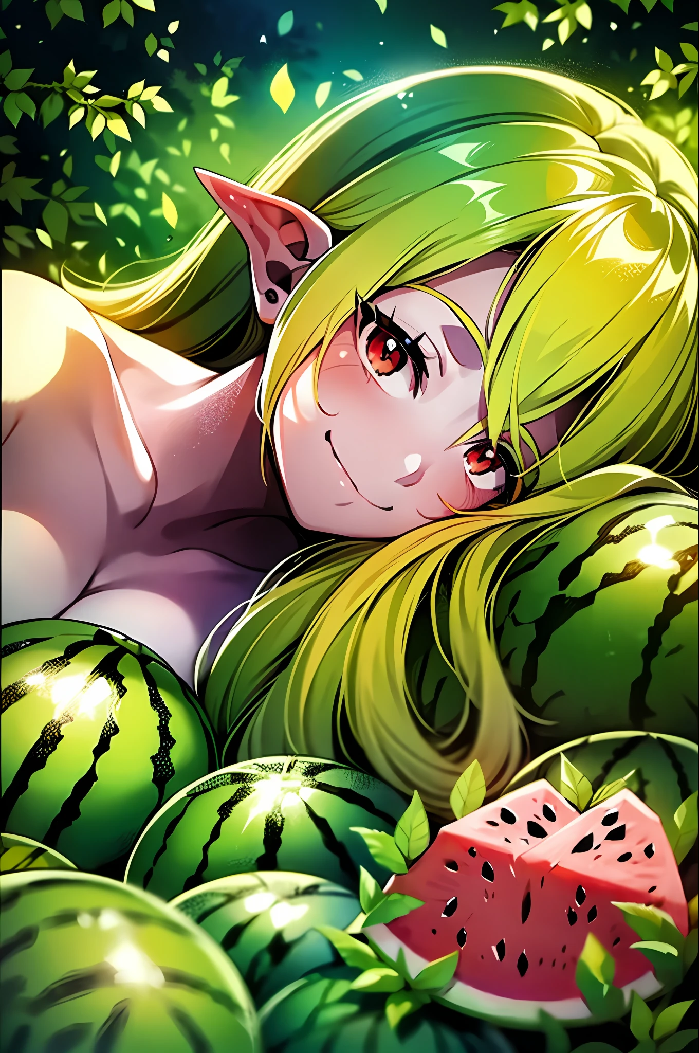 Anime girl, lying on a watermelon with a huge mouth, yellow hair, red eyes, vines wrap around the body, pointed ears, smiling, sweet, kind, , green forest in the background, beautiful colors, beautiful shader, 4k, beautiful lighting