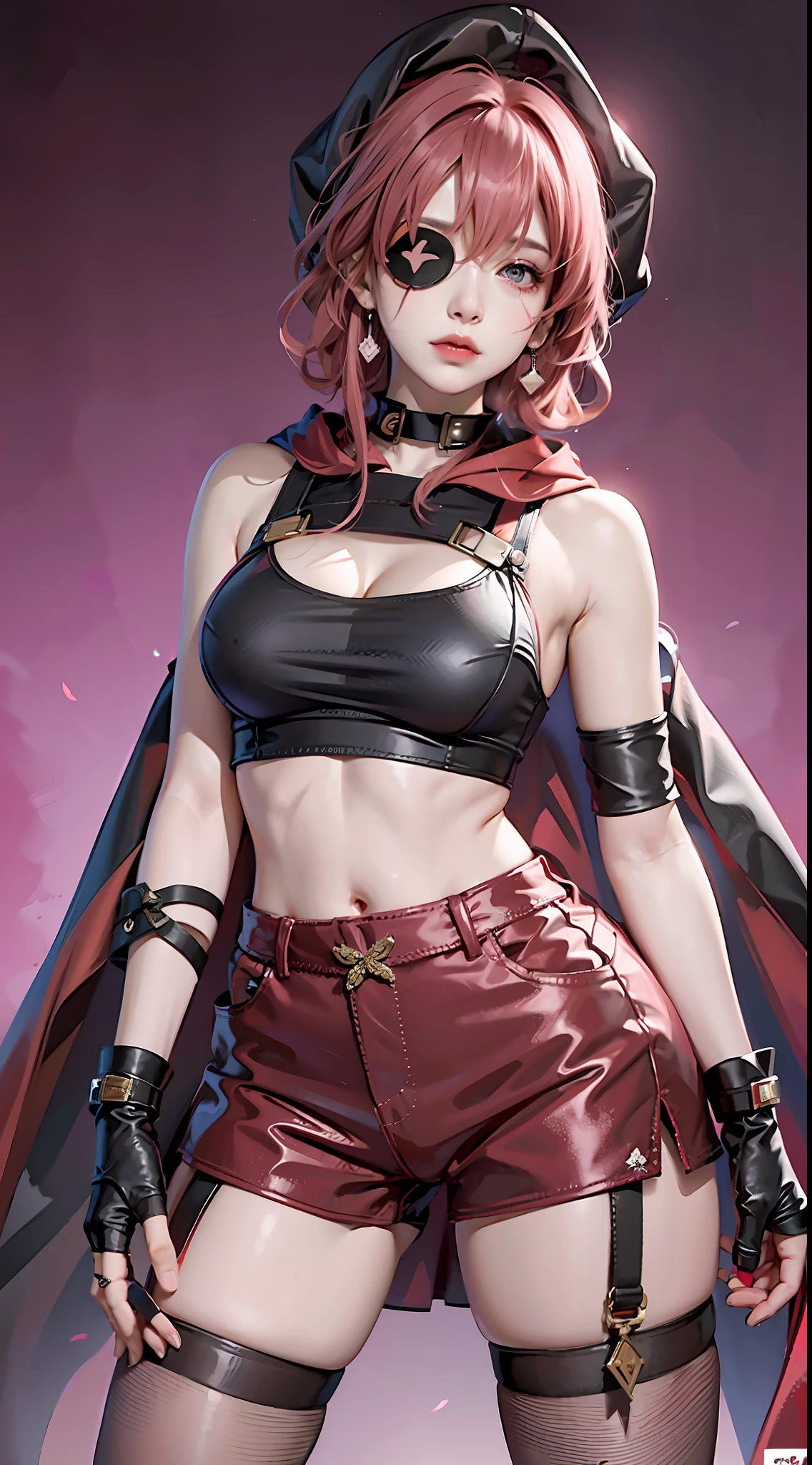 Beautiful woman, 1 girl, woman with pink hair and brown-red cape, pose, ((red cloth eye patch)), black pantyhose, black gloves, sports bra, jewelry, shorts, J thighs. Pink hair, drills, asymmetrical hair, brown hood
