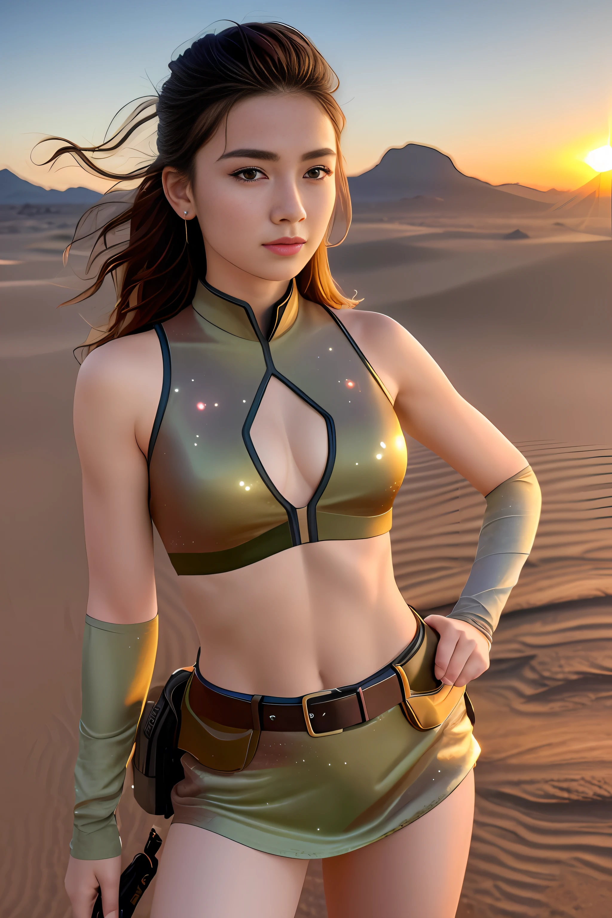 1. Realism style, planets, pebbles, space, galaxies, ((8K mass)), ((realism)), futuristic cities
2. Masterpiece, Epic, Majestic, Best Quality, Very High Resolution, 8K, HDR, Digital Photography, Dynamic Good Looking Pose, Medium Scene, Head to Toe, Looking at the camera with a guilty expression, (Blush: 1.1), Clear Beautiful, Iridescent, Transparent, Translucent, Reflection, Refraction, Diffraction, Caustic, Volumetric Light, Volumetric Shadow, (Very Detailed and Delicate: 1.2), (Very Delicate and Beautiful: 1.2), Partially Backlit, ( Lighting outside and near the sunset frame: 1.3), (realistic lighting: 1.2), (dynamic colors from lighting: 1.2), (complex details: 1.3), hyper-detailed, surreal, (sharp focus: 1.2), (SFW: 1.2), wearing a tight desert camouflage vest, wearing a desert camouflage short skirt, wearing a belt, wearing a military watch, a sexy beauty, armored car with desert camouflage in the background, digital painting, highly detailed, ultra-high quality, professional photography, 8k, Ultra HD, desert background, real skin texture, normal and complete fingers, correct facial features, clear focus, eye-catching lighting,