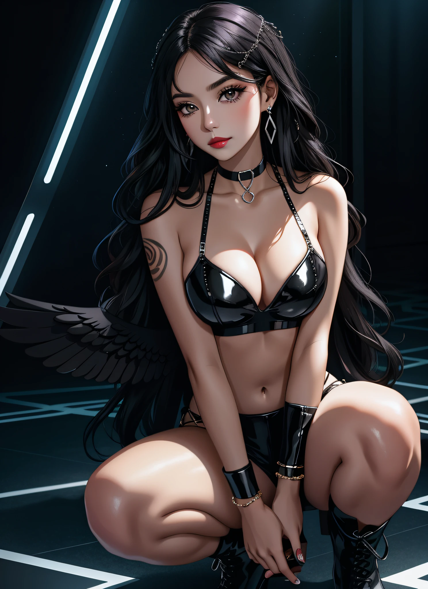 model: long wavy black hair, full dark lips, smoky eyes, BREAK, setting: blacklit room, shattered glass, neon lights, BREAK, body paint: polychromatic geometric patterns, covering torso, arms and legs, BREAK, accessories: chrome body chains, silver choker, black feathered wings, BREAK, pose: crouching, head tilted up, looking forward with an intense gaze.