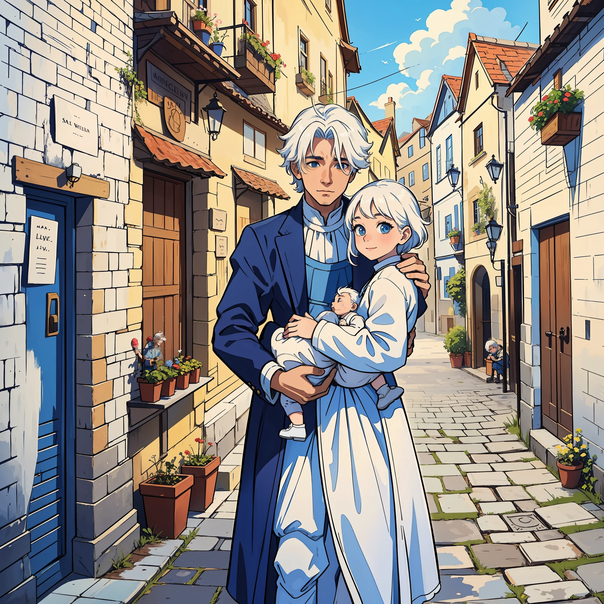 a man, a woman and a  boy, all white-haired, in a happy medieval town with a blue sky;