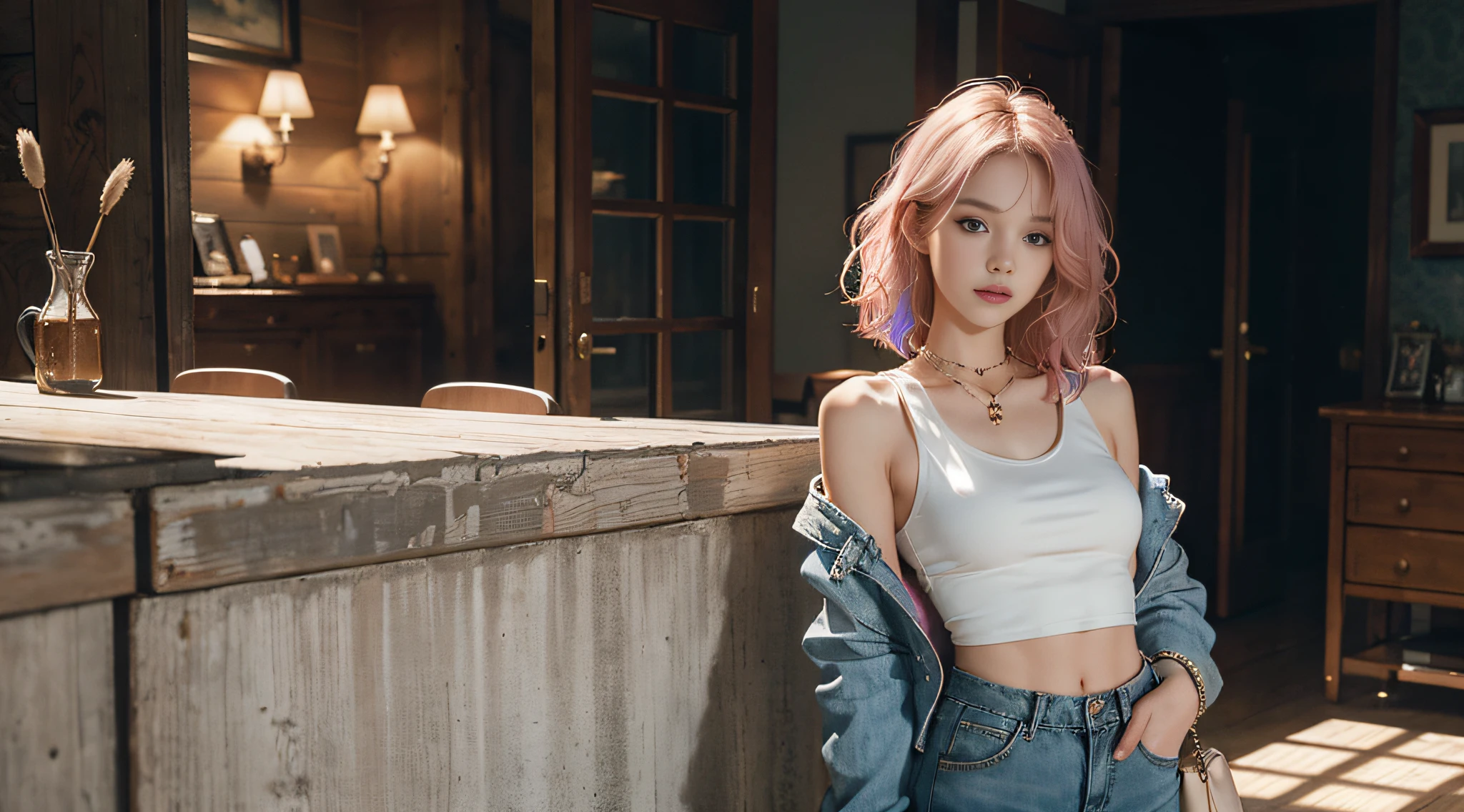 ((medium chest, girly, small head)), (well-defined abs: 1.1), (perfect body: 1.1), (short wavy hair: 1.2), long pink hair, collar, chain, full body photo, gorgeous castle, wearing white tank top, denim jacket, ((trousers)), (extremely detailed CG 8k wallpaper), (extremely delicate and beautiful), (masterpiece), (best quality: 1.0), (super high resolution: 1.0), beautiful lighting, perfect lightning, realistic shadows, [high resolution] , delicate skin, ultra-detailed ((colorful))