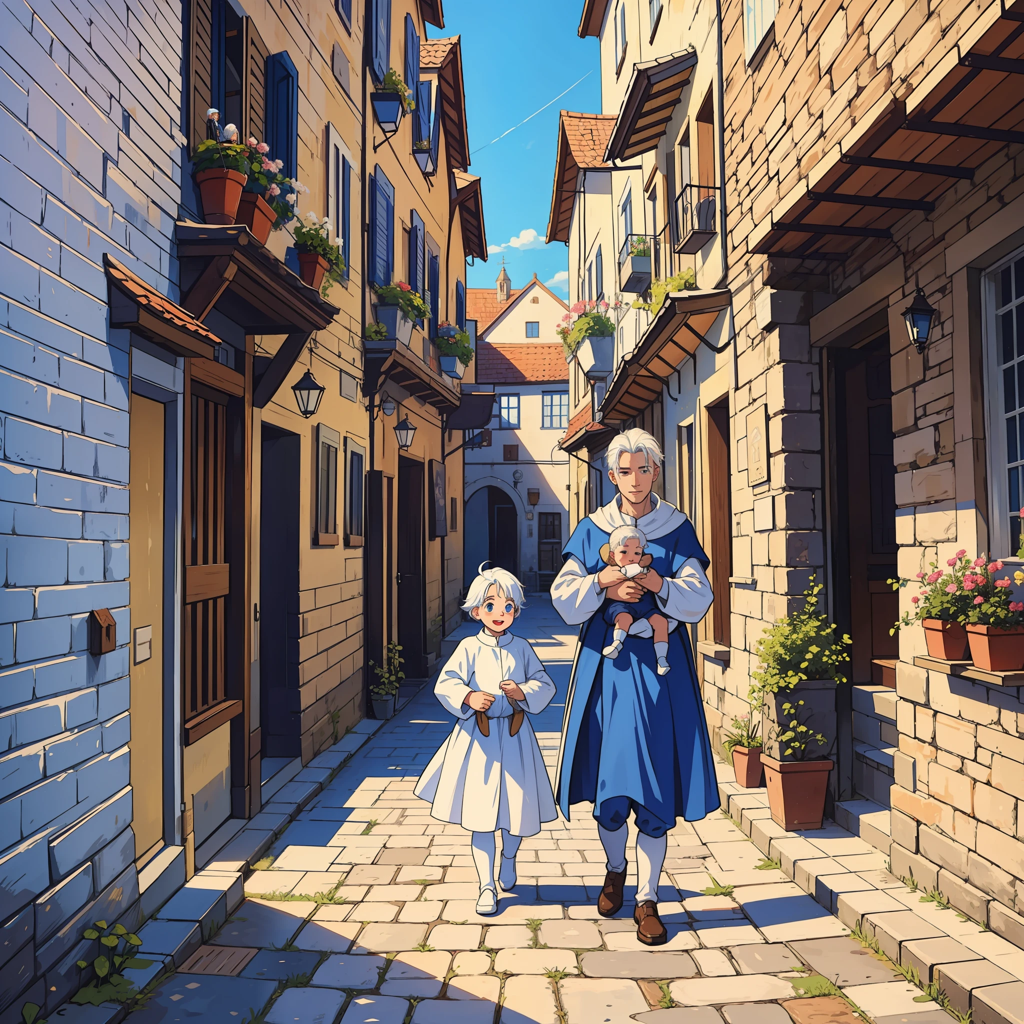 a man, a woman and a baby boy, all white-haired, in a happy medieval town with a blue sky;