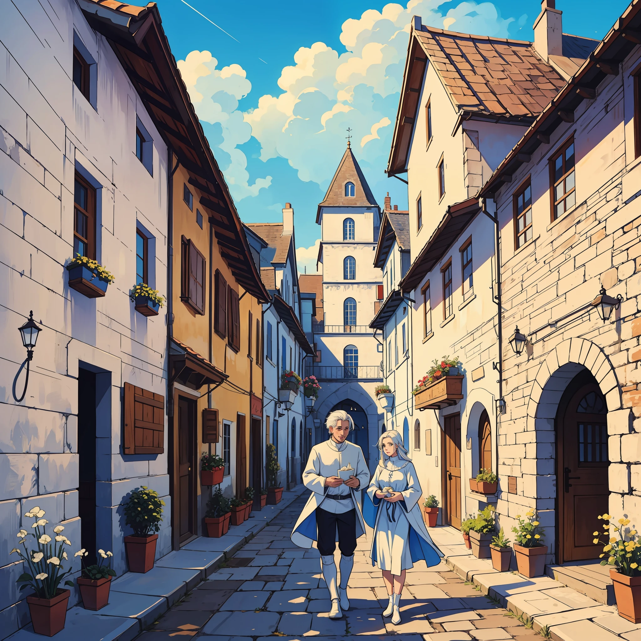 a man, a woman and a baby boy, all white-haired, in a happy medieval town with a blue sky;