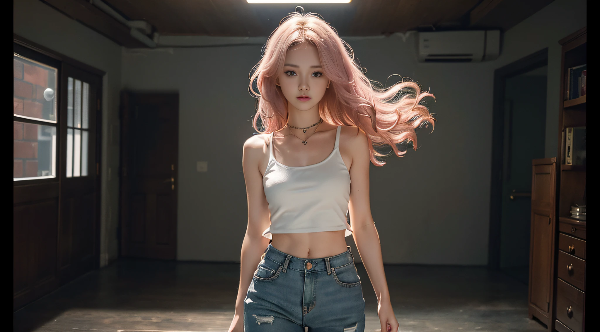 ((medium chest, girly, small head)), (well-defined abs: 1.1), (perfect body: 1.1), (short wavy hair: 1.2), long pink hair, collar, chain, full body photo, gorgeous castle, wearing white tank top, denim jacket, ((trousers)), (extremely detailed CG 8k wallpaper), (extremely delicate and beautiful), (masterpiece), (best quality: 1.0), (super high resolution: 1.0), beautiful lighting, perfect lightning, realistic shadows, [high resolution] , delicate skin, ultra-detailed ((colorful))