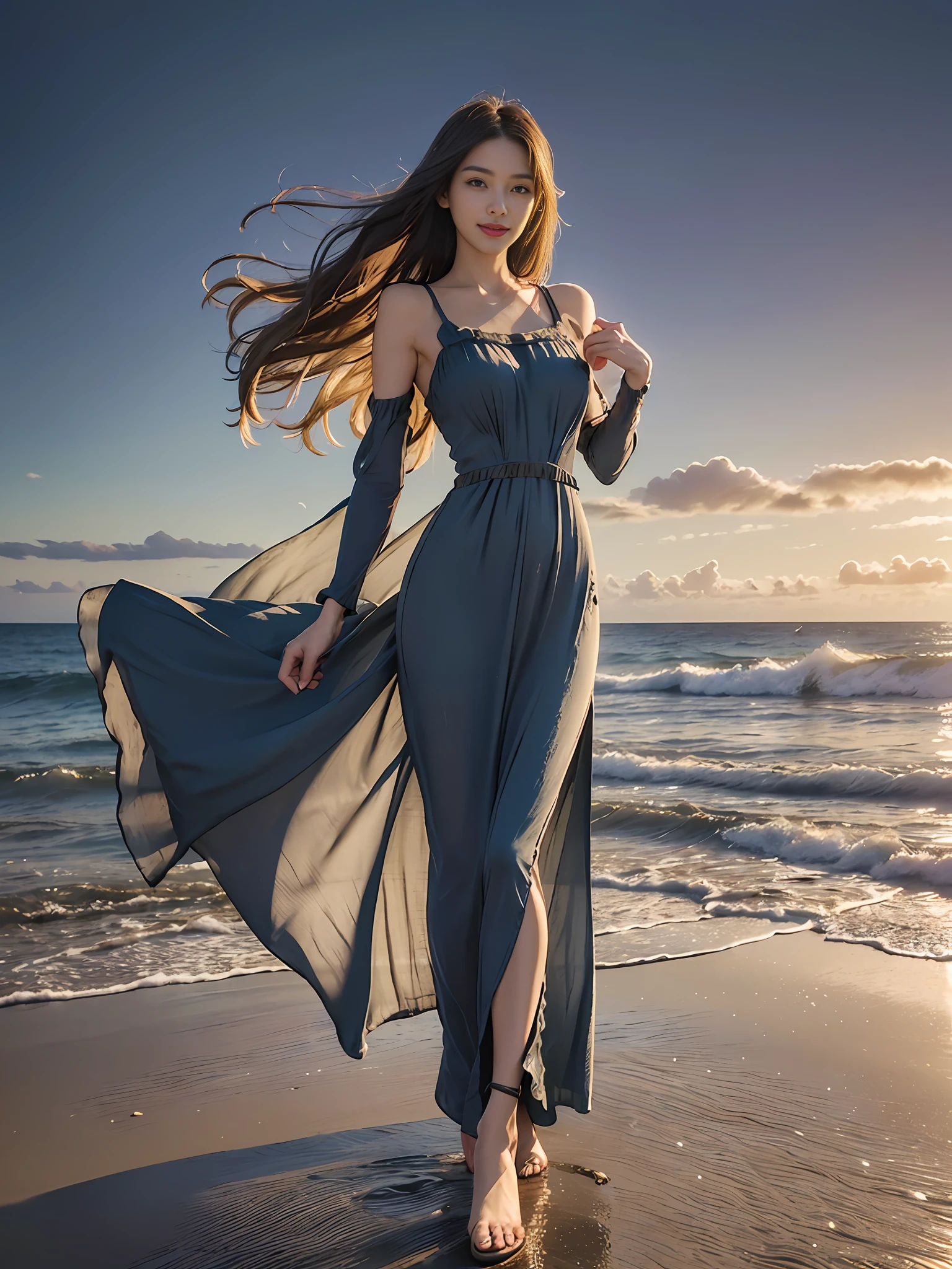 Best quality,masterpiece, ultra high res, (photorealistic:1.4), raw photo,(slender legs),(beautiful hands),1girl,solo,standing,((maxi dress:1.5)),in the dark, deep shadow,(jimmy choo), (floating colorful wind:1) ,(full body),Perfect eyes, perfect face, Beach, sea, smile,low key, Slim figure, ((golden ratio figure)), ((perfect long legs))