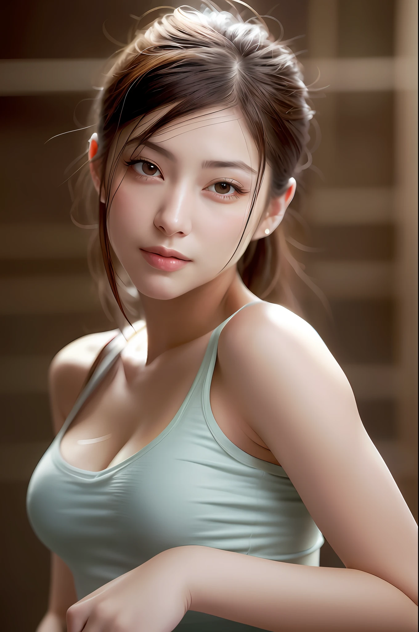 dressed, (photo realistic:1.4), (hyper realistic:1.4), (realistic:1.3),
(smoother lighting:1.05), (increase cinematic lighting quality:0.9), 32K,
1girl,20yo girl, realistic lighting, backlighting, light on face, ray trace, (brightening light:1.2), (Increase quality:1.4),
(best quality real texture skin:1.4), finely detailed eyes, finely detailed face, finely quality eyes,
(tired and sleepy and satisfied:0.0), face closeup, t-shirts,
(Increase body line mood:1.1), (Increase skin texture beauty:1.1)