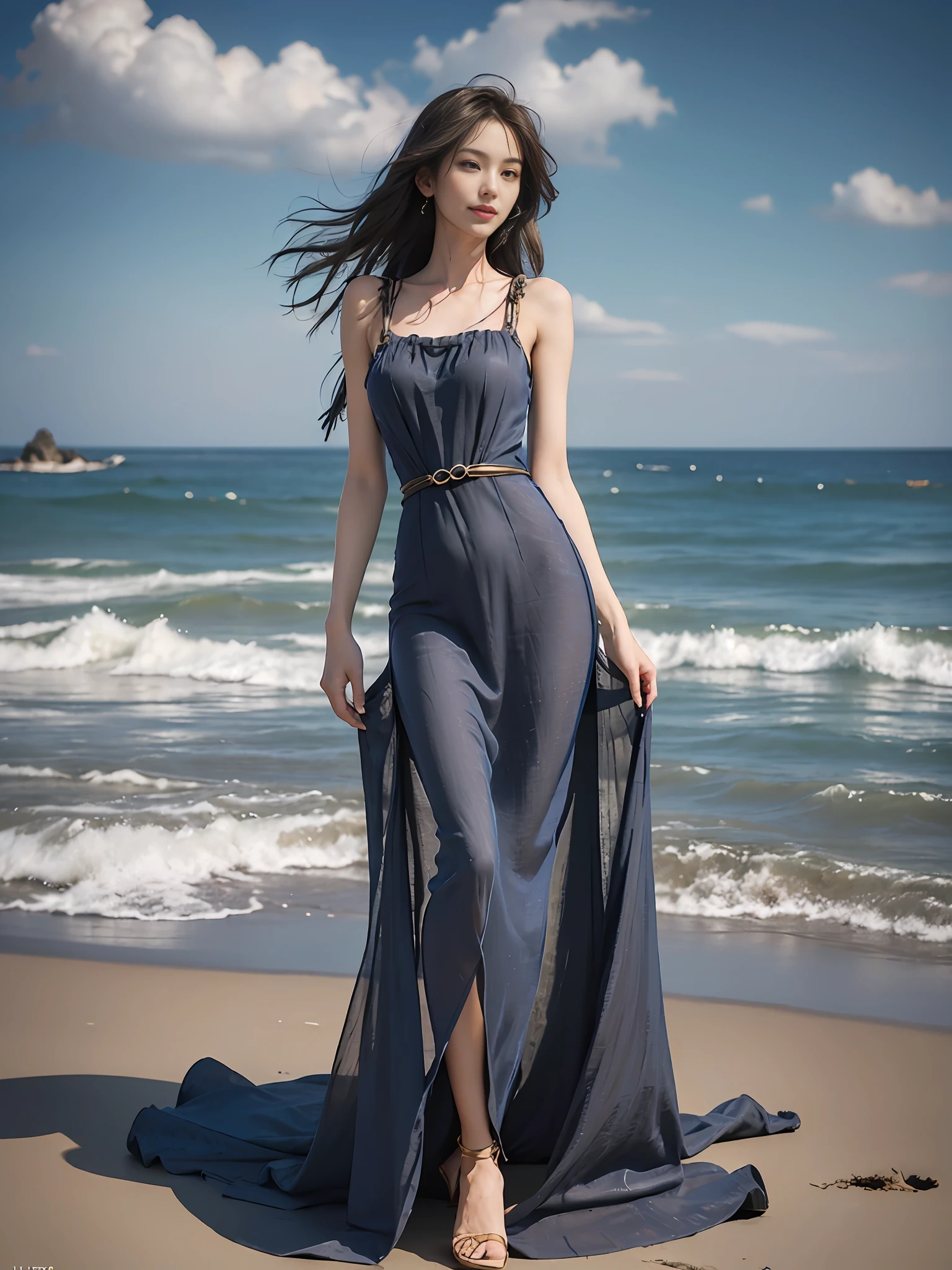 Best quality,masterpiece, ultra high res, (photorealistic:1.4), raw photo,(slender legs),(beautiful hands),1girl,solo,standing,((maxi dress:1.5)),in the dark, deep shadow,(jimmy choo), (floating colorful wind:1) ,(full body),Perfect eyes, perfect face, Beach, sea, smile,low key, Slim figure, ((golden ratio figure)), ((perfect long legs))