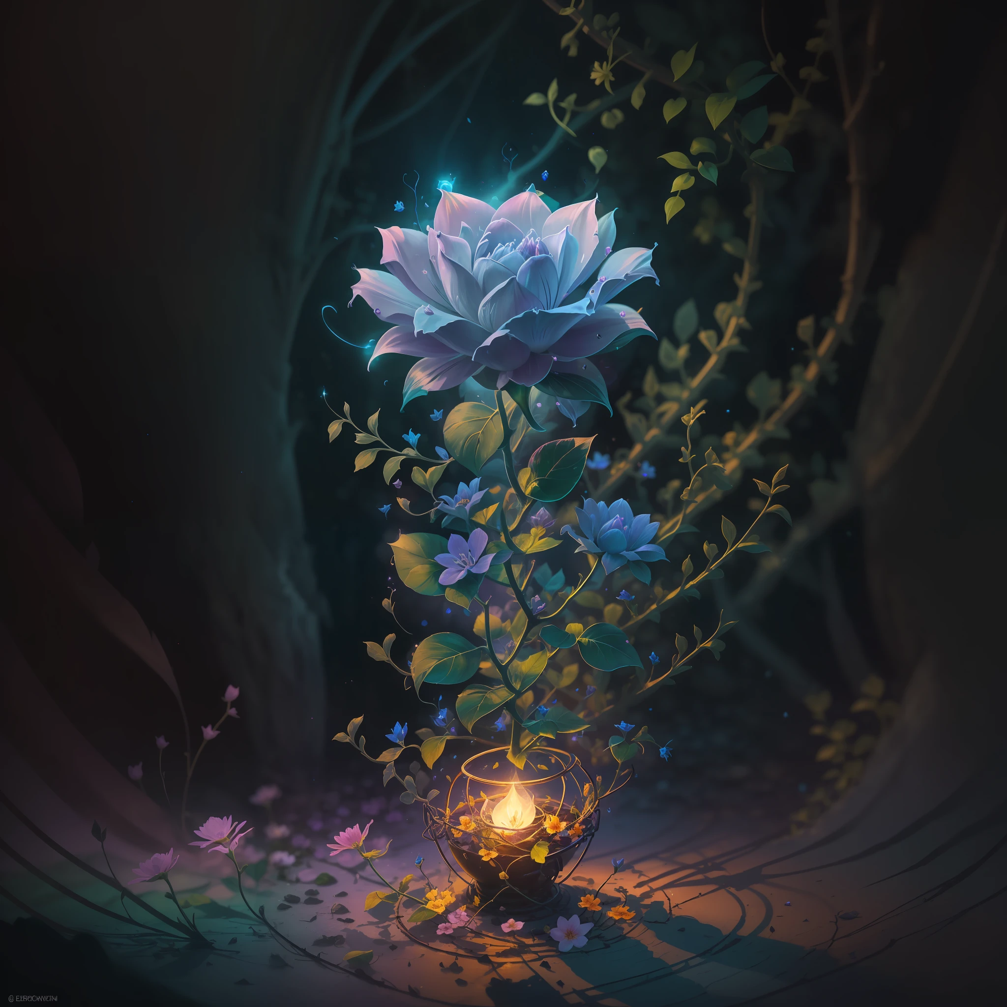 The image depicts a dark and lonely setting, steeped in magical and ethereal shades of color. The surrounding environment is dark, filled with shadows and melancholy, conveying a deep sense of loneliness and sadness.
In the center of this desolate landscape, a small flower begins to rise. It is delicate and fragile, with soft, vibrant petals in a radiant shade of azure. Its colors seem to shine, creating a striking contrast with the environment around it.
The flower rises boldly, struggling to bloom even in the midst of darkness. Its stem, amid rough thorns, represents adversity and the challenges faced in life's journey. However, despite hostile circumstances, the flower emanates an aura of hope and renewal.
Around the flower, tiny particles of light flicker in the air, like tiny fragments of magic. They gently illuminate the path of the lonely flower, symbolizing the inner strength that shines even in the most difficult moments.
This image conveys a message of overcoming and perseverance, showing that even in the darkest and loneliest situations, beauty and hope can flourish. It reminds us that even in the face of loneliness and depression, there is always a possibility of finding a path to healing and renewal