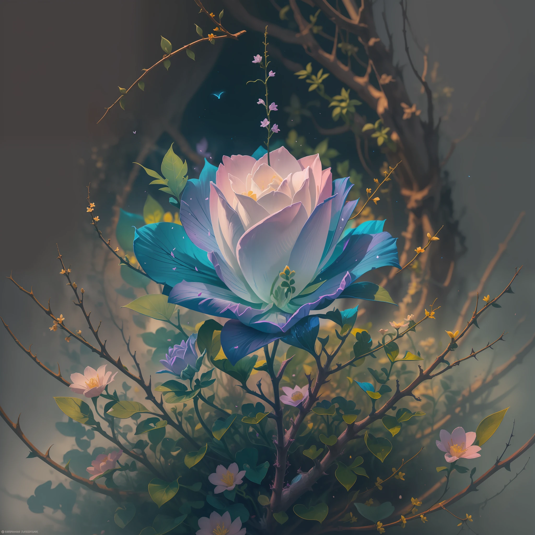 The image depicts a dark and lonely setting, steeped in magical and ethereal shades of color. The surrounding environment is dark, filled with shadows and melancholy, conveying a deep sense of loneliness and sadness.

In the center of this desolate landscape, a small flower begins to rise. It is delicate and fragile, with soft, vibrant petals in a radiant shade of azure. Its colors seem to shine, creating a striking contrast with the environment around it.

The flower rises boldly, struggling to bloom even in the midst of darkness. Its stem, amid rough thorns, represents adversity and the challenges faced in life's journey. However, despite hostile circumstances, the flower emanates an aura of hope and renewal.

Around the flower, tiny particles of light flicker in the air, like tiny fragments of magic. They gently illuminate the path of the lonely flower, symbolizing the inner strength that shines even in the most difficult moments.

This image conveys a message of overcoming and perseverance, showing that even in the darkest and loneliest situations, beauty and hope can flourish. It reminds us that even in the face of loneliness and depression, there is always a possibility of finding a path to healing and renewal
