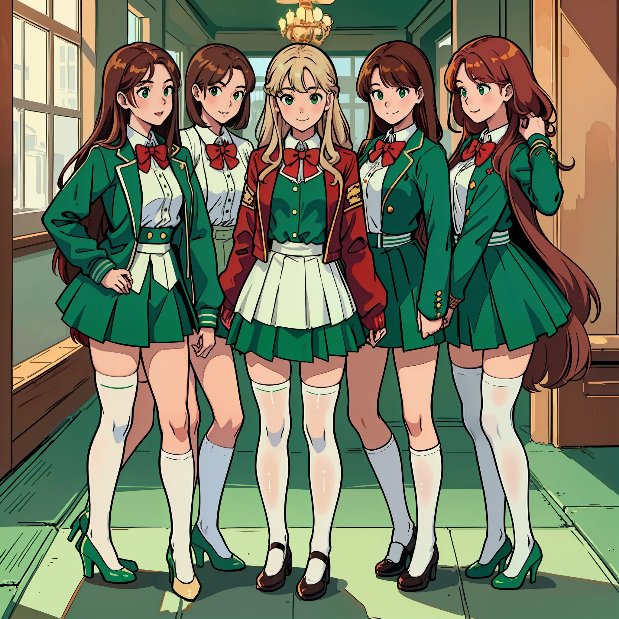 perfect anime illustration, age girls, medium breasts, multiple girls, (((blonde girls, redhaired girls, brown haired girls))), same age sisters, rich sexy schoolgirls, brown hair, red hair, blonde hair, curly hair, long hair, different hair colors, hazel eyes, smiling, white skin, (((school uniform, green jacket, closed jacket, red bowtie, green skirt, white thigh high socks, green high heels, matching outfits, identical outfits))), highres, full body, posing, group picture, neat rows of sisters, columns of sisters, crowded, sisters in background