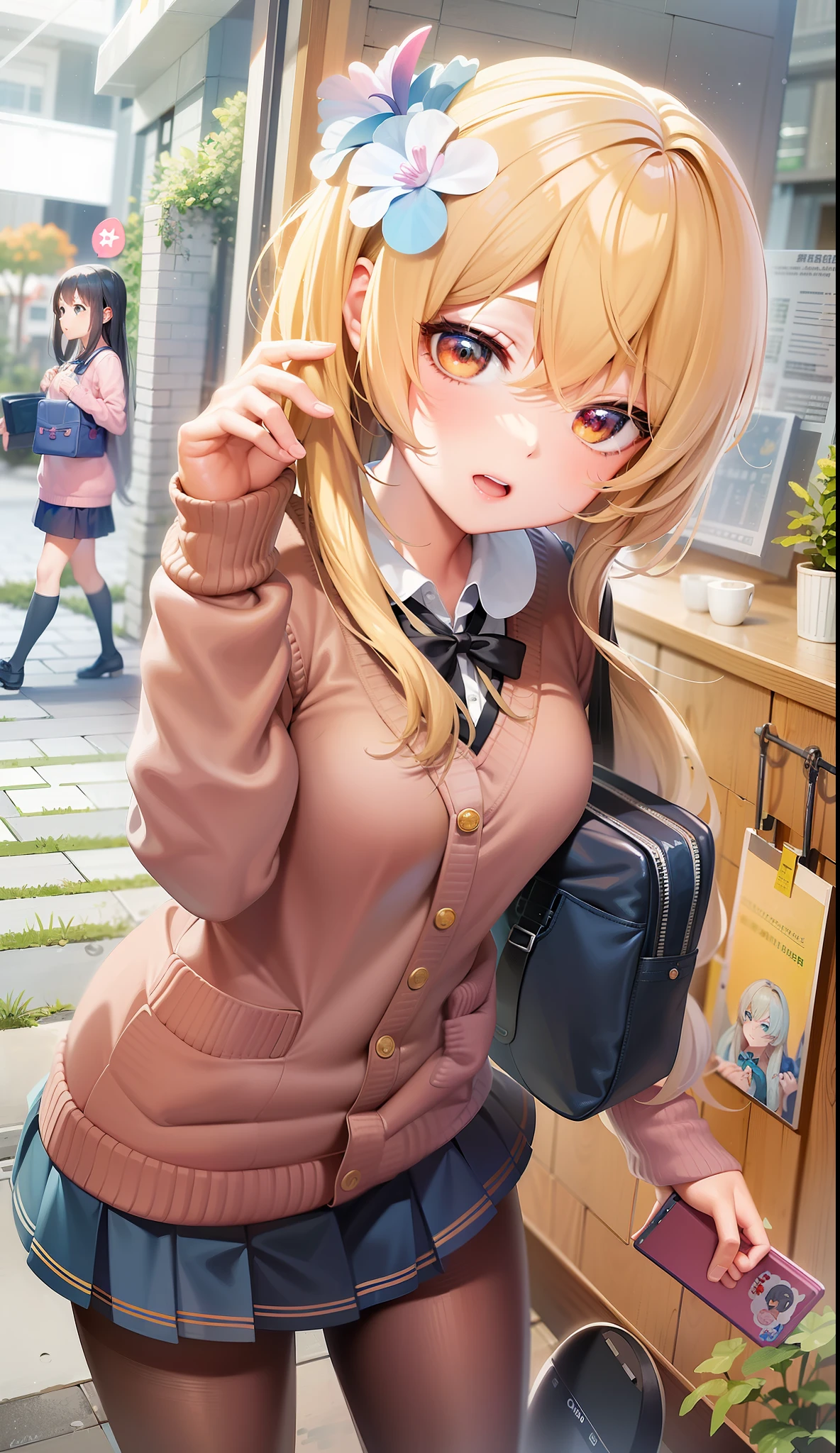 anime girl with blonde hair and blue dress holding a black bag, smooth anime cg art, beautiful anime high school girl, anime visual of a cute girl, cute anime girl, blonde anime girl with long hair, anime moe artstyle, anime style 4 k, detailed digital anime art, pretty anime girl, splash art anime loli, kawaii realistic portrait, attractive anime girl