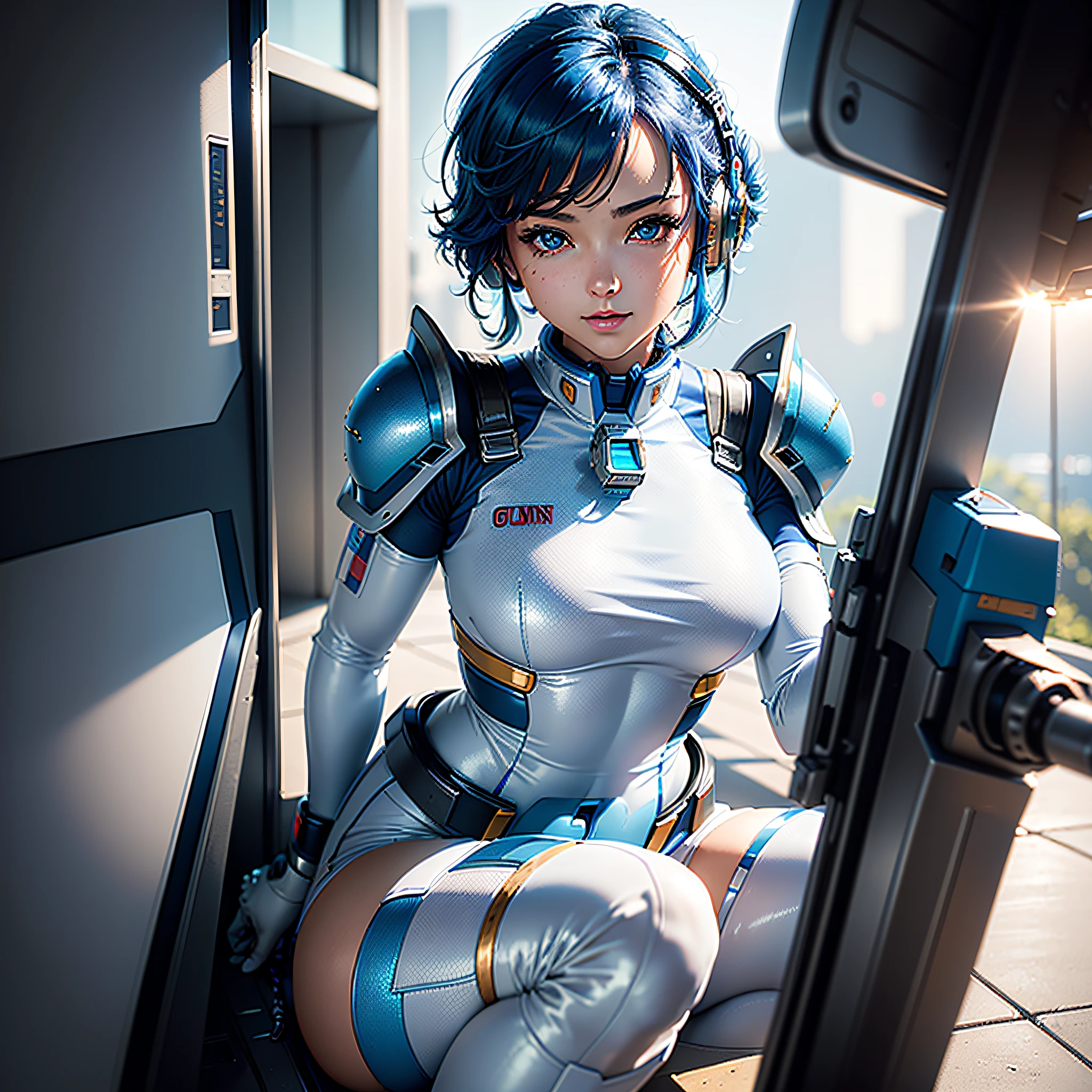 (Masterpiece, Best Quality, Best Resolution, distinct_image, Very Elaborate CG, Cinematic Lighting, Ray Tracing, Drop Shadows, Detailed Detail, (Photorealistic: 1.4), High Quality Textures, Fine-grained, Realistic Face Expression): (Single Girl, Face Has Japan, Blue Haired Girl, Short Cut, Small Size Breasts, Detailed Gundam cockpit with sparkly blue colored eyes, eye-level shots, metallic white and blue colored flight suits, tight-fitting clothes, full-body covering clothes, light smile, beauty, slim body, exoskeleton, heroine, headset, knee boots, gloves, solo ride)
