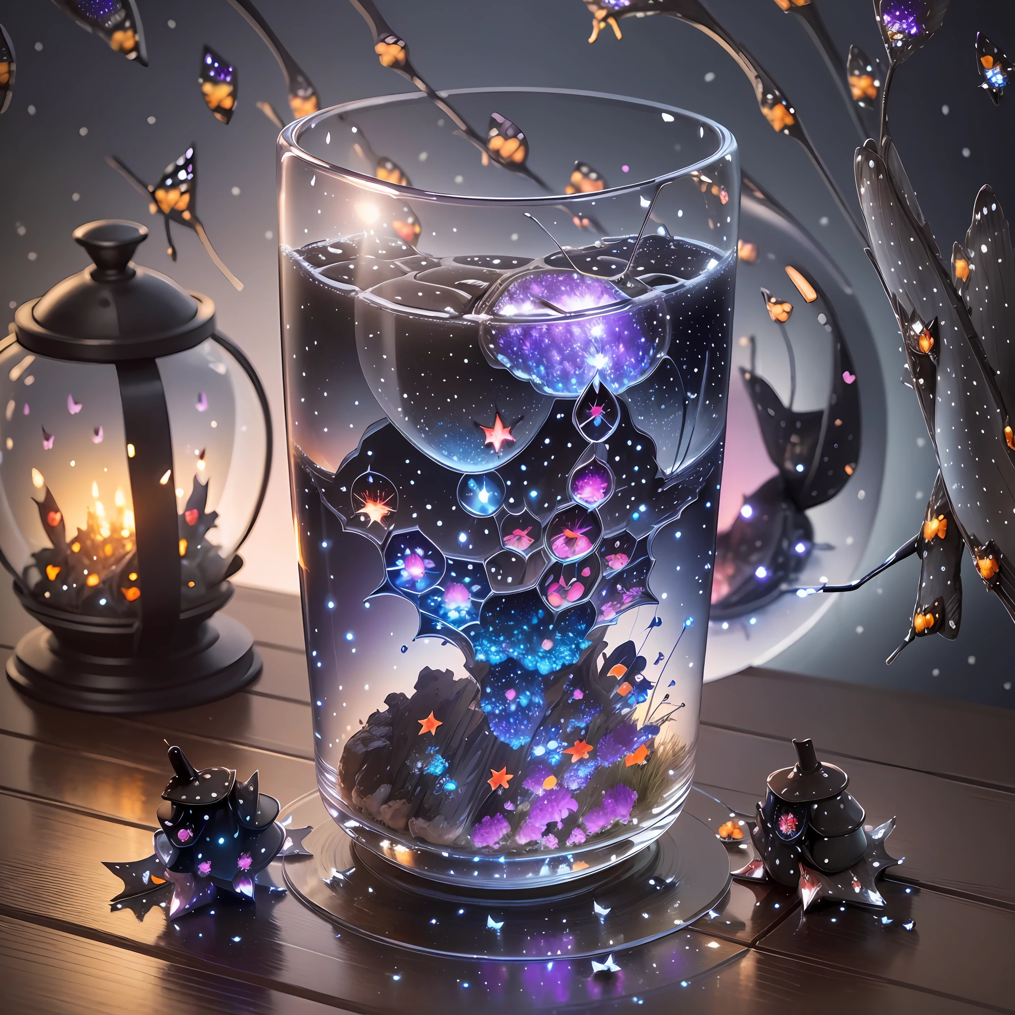 Computer, Extensive landscape ultrasound photography (general view, which shows a glass glass, a glass teapot, a saucer, a bottle of vodka with a snake, fly agaric mushrooms), (a detailed description of the bottle, mushrooms), glass, (a detailed description of the soup), inside the glass there is poison (ultra-detailed burning fire), waves (in detail), a bird (in detail), night, starry sky, moon, meteors (in detail), sea (in detail), the reflection of the moon on the water surface, the reflection of full shooting stars on the surface of the sea, burning surface of the lake, moths (1:3), fireflies (1:3), (ultra-detailed description of appearance), burning lighthouse (crystals: 1,2), BREAK production art, (cold light source:1.2), (Firefly:1.2), lilac, purple, fire particles, colors, complex details, volumetric lighting, realistic fantasy BREAK (masterpiece:1.2), (best quality), 4k, ultra-detailed, (dynamic composition: 1.4), highly detailed, colorful details, (gloomy colors: 1.2), (luminous lighting, atmospheric lighting), gloomy, dark, magical, (solo: 1.2) --auto --s2