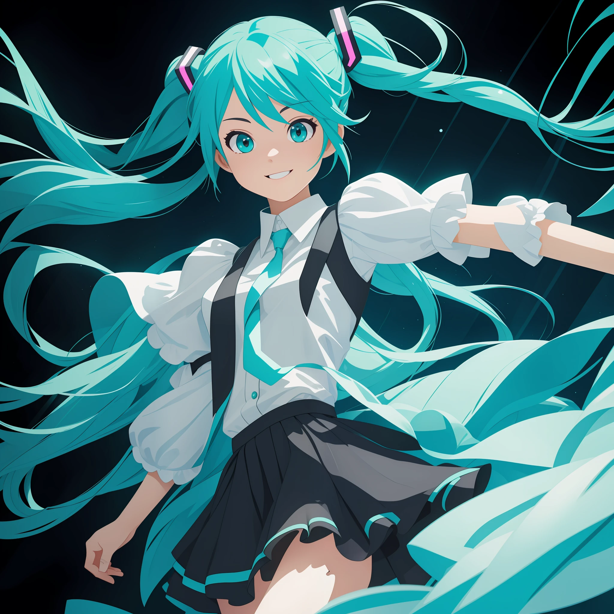 Exceedingly vibrant and lively masterpiece, best quality, ultra-detailed CG unity 8k wallpaper, depicting the fictional character of Hatsune Miku. Overly charming and pleasing visualisation with a floating, energetic and dynamic pose, green-blue twintails with a black ribbon, turquoise blue eyes, pure white dress with a hint of light blue frills, creating an impressive contrast on a dark background with colourful neon lights to compliment Miku's vibrant aura.