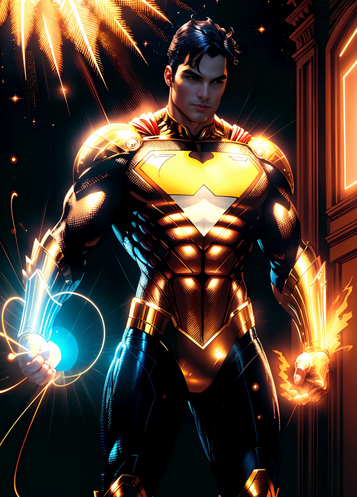 Golden Superman, shimmering golden costume with Pearly White, (8k wallpaper of extremely detailed CG unit, masterpiece, best quality, ultra-detailed), (better lighting, better shadow, extremely delicate and beautiful), floating, [(((1man))), (Superman: 1.3), muscles, bright blue lines, detailed costume, heroic pose):0.8], [(celestial landscape, night, bright neon lights:1.2, blue energy effects, volumetric light):0,5]