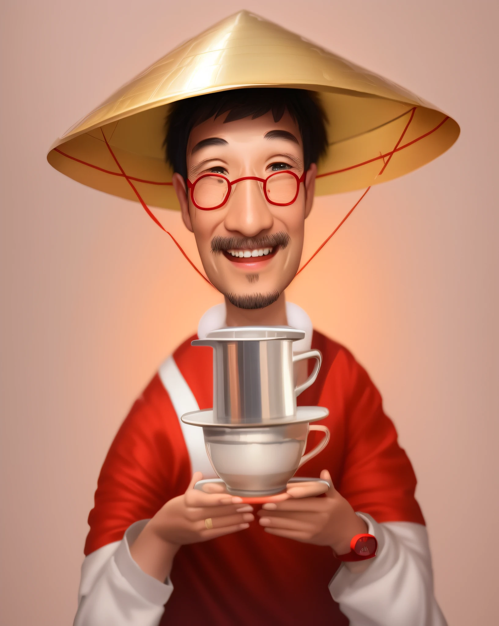 the image of a Vietnamese man wearing a conical hat, holding a coffee cup, smiling mouth, red shirt, Extremely detailed, very realistic, very sharp, hyperrealistic, best quality, masterpiece