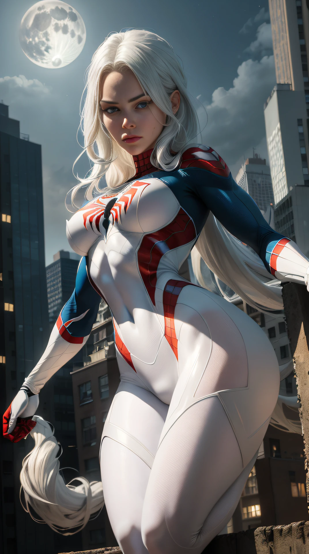 (Masterpiece, 4k resolution, ultra-realistic, very detailed), (White superhero theme, charismatic, there's a girl on top of town, wearing Spider-Man costume, she's a superhero), [ ((25 years), (long white hair:1.2), full body, (blue eyes:1.2), ((Spider-Man pose),show of strength, jumping from one building to another), ((sandy urban environment):0.8)| (cityscape, at night, dynamic lights), (full moon))] # Explanation: The Prompt mainly describes a 4K painting of ultra-high definition, very realistic, very detailed. It shows a superheroine at the top of the city, wearing a Spider-Man costume. The theme in the painting is a white superhero theme, the female protagonist has long white hair, is 25 years old and her entire body is shown in the painting. In terms of portraying the actions of superheroines, spiders are employed