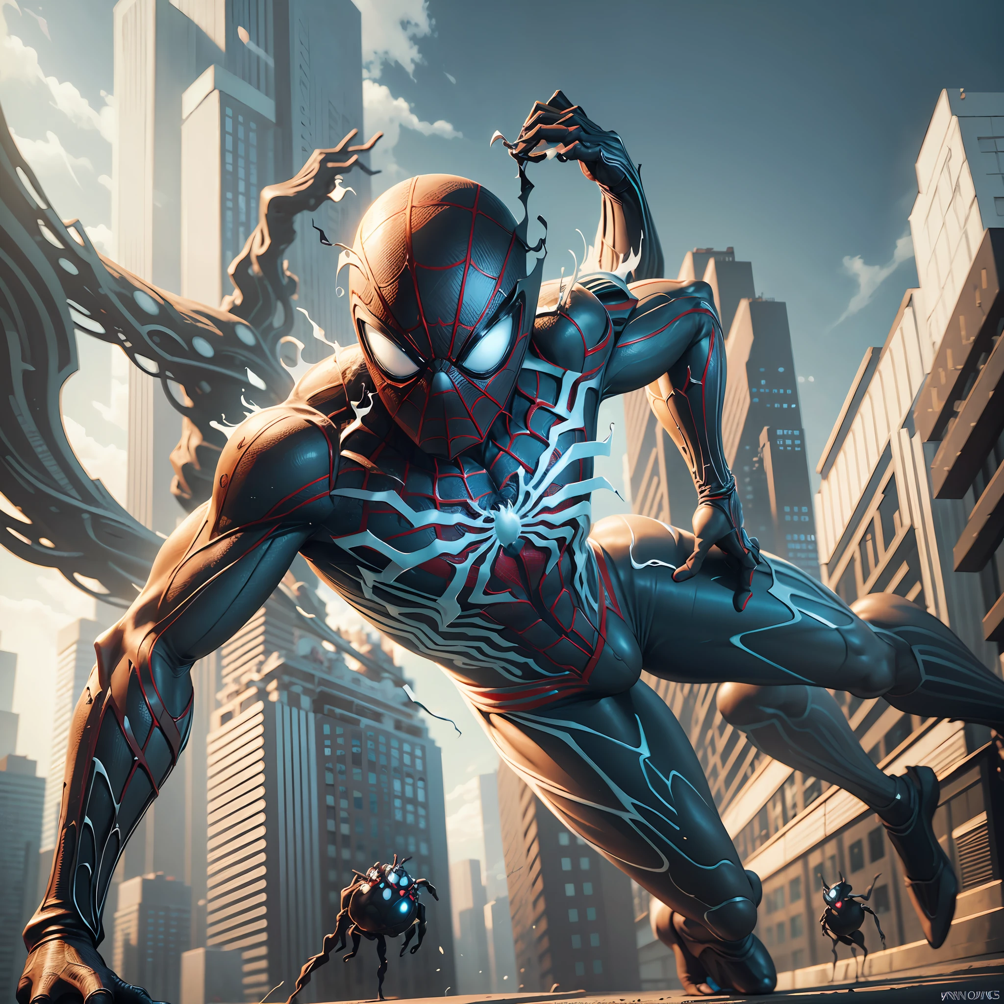 spider man in a black outfit with spider in the center of his chest in white, organic looking outfit, gooey texture, symbiote, white eyes, fine art, ps5 cinematic screenshot,highly detailed detailed cinematic rendering, ultra photorealistic raytricing, with cinematic lighting --auto --s2