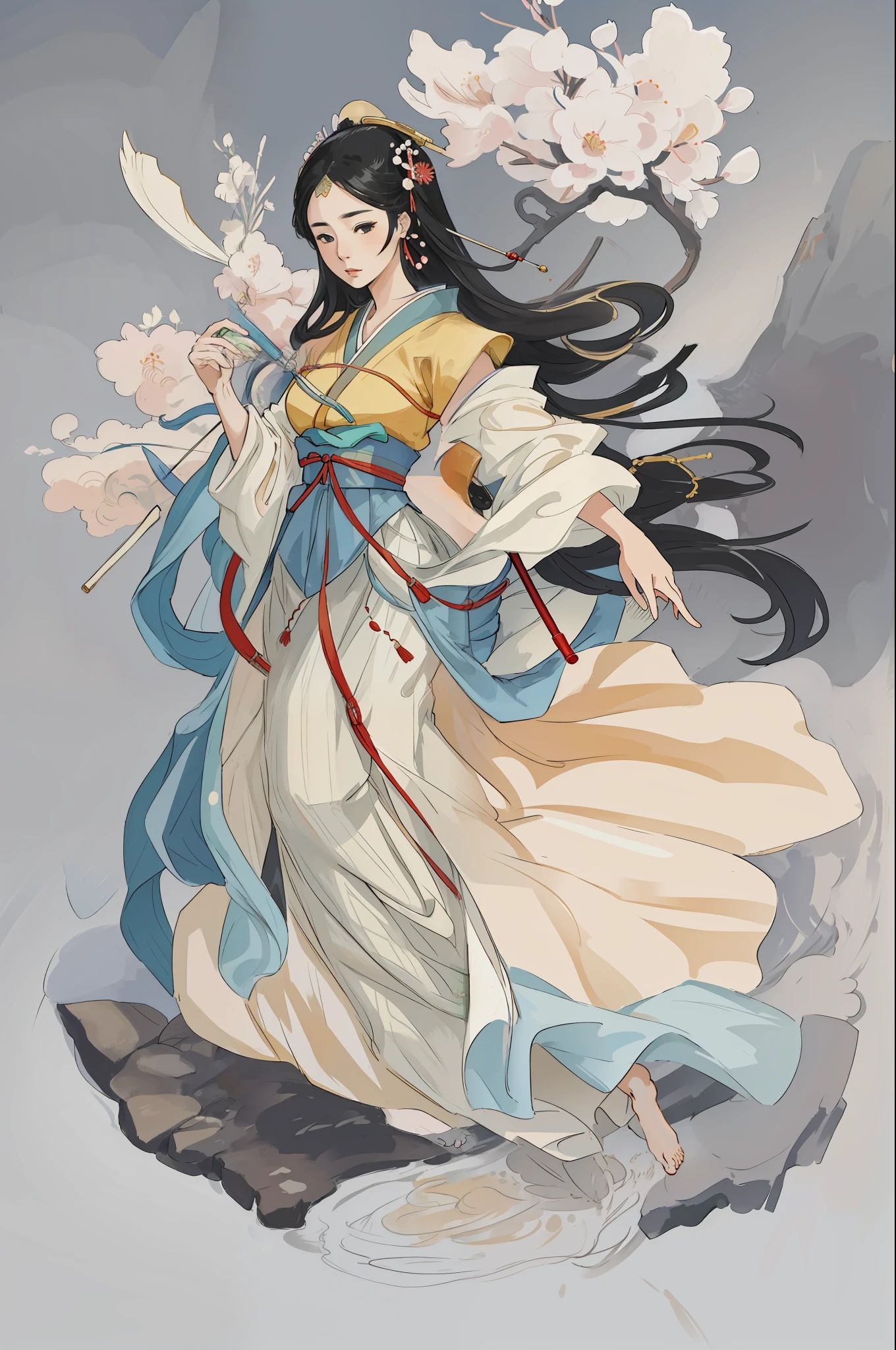 Beautiful girl of ancient Japan, dignified temperament, flowing long skirt, kimono, blowing whistle, Japan standing in the garden, clear face, masterpiece, super detailed, magnificent composition, high quality, highest quality, 4k --v 6