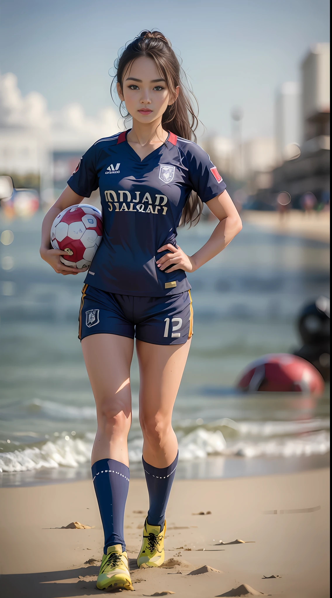 Woman posing for a photo on the beach, (wearing soccer_uniform:1.3), football uniform, football, full body photo,
Good Hand, 4K, High Resolution, Masterpiece, Best Quality, Head: 1.3, ((Hasselblad Photography)), Fine Skin, Clear Focus, (Film Lighting), Collarbone, Soft Lighting, Dynamic Angle, [:( Detailed Face: 1.2): 0.2],