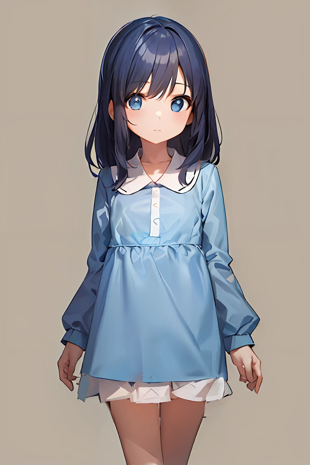 1girl,solo,detailed face,detailed skin,child,light blue shirt,long sleeves,white collared,dark blue mini skirt,cowboy shot,looking at viewer,down arms,simple background