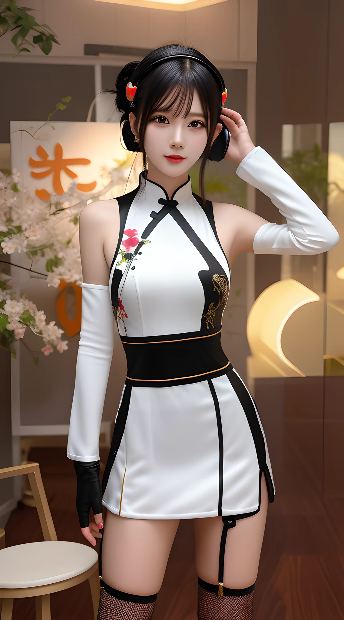 Best Quality, Highest Quality, (Realistic), 8k, Photo, A Woman in a White Dress and Black Stockings Posing for Photo, Popular on CGSTATION, Popular on CGSTATION, Cheongsam, Anime Characters; Full body art, white inner linen, smooth white tights suit, full body fairy, Chinese dress, 8K high quality detail art, Chinese clothing, inspired by Pw, anime style 3D, wearing Konoha brace on head