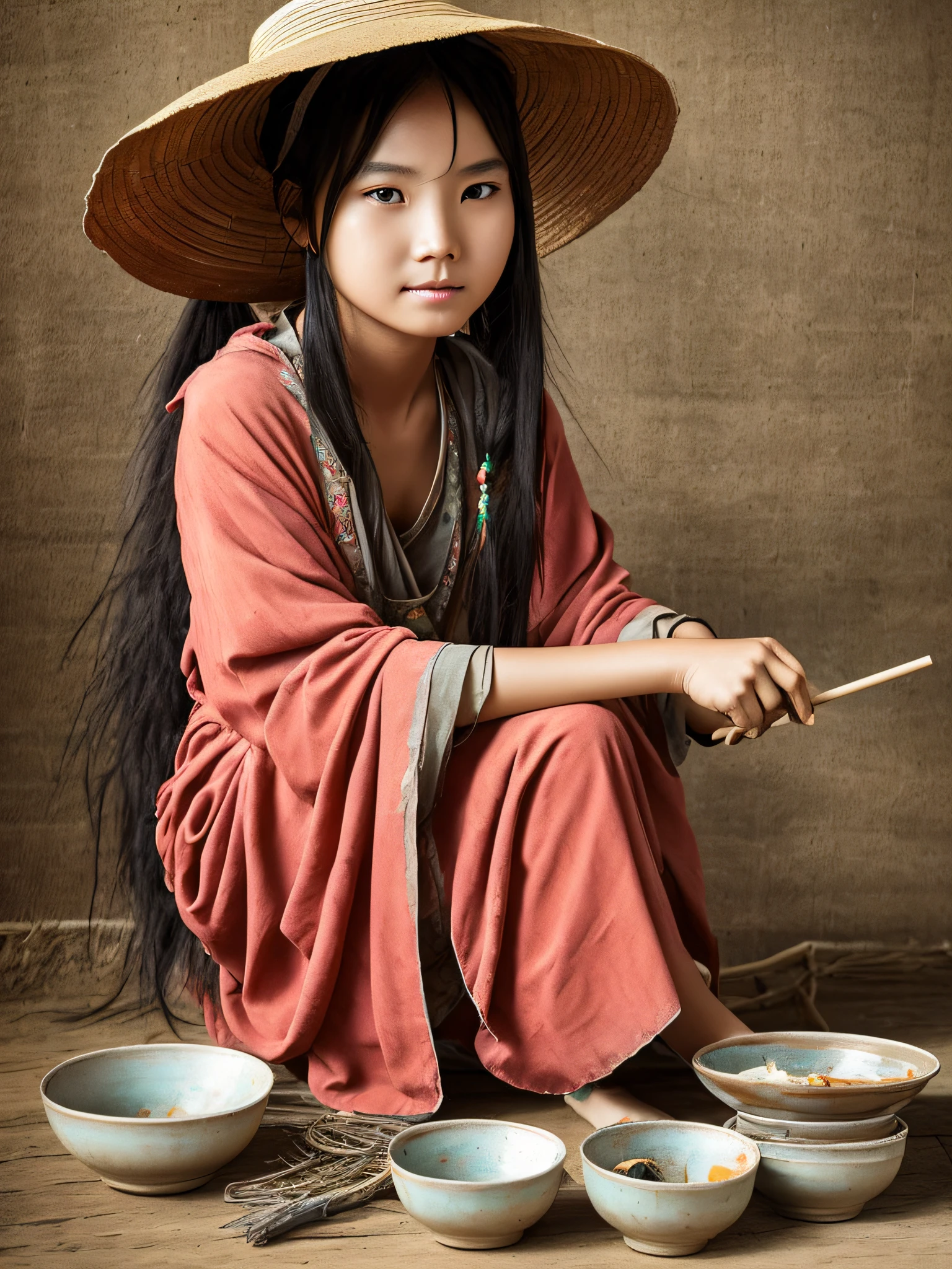 Portrait of a beautiful Chinese girl, wearing rags, holding sticks and broken bowls, begging, long hair scattered, wearing a torn straw hat, face is dirty, frontal, full body photo, --auto --s2