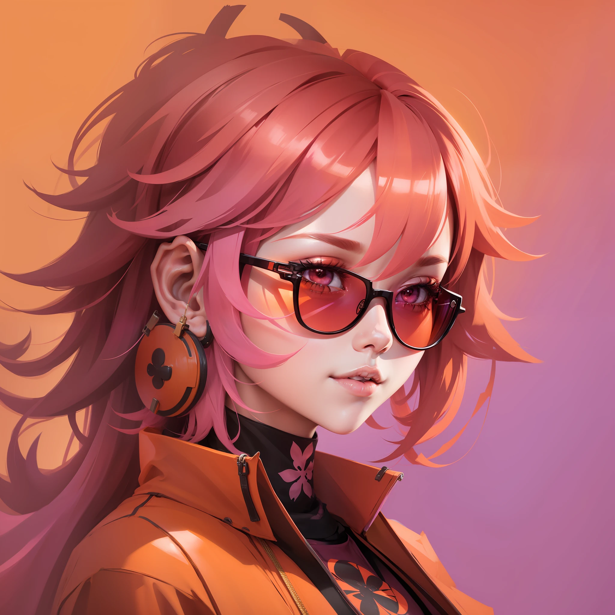 yae miko, Pink hair, a girl wearing trendy orange sunglasse, with an orange background , portrait