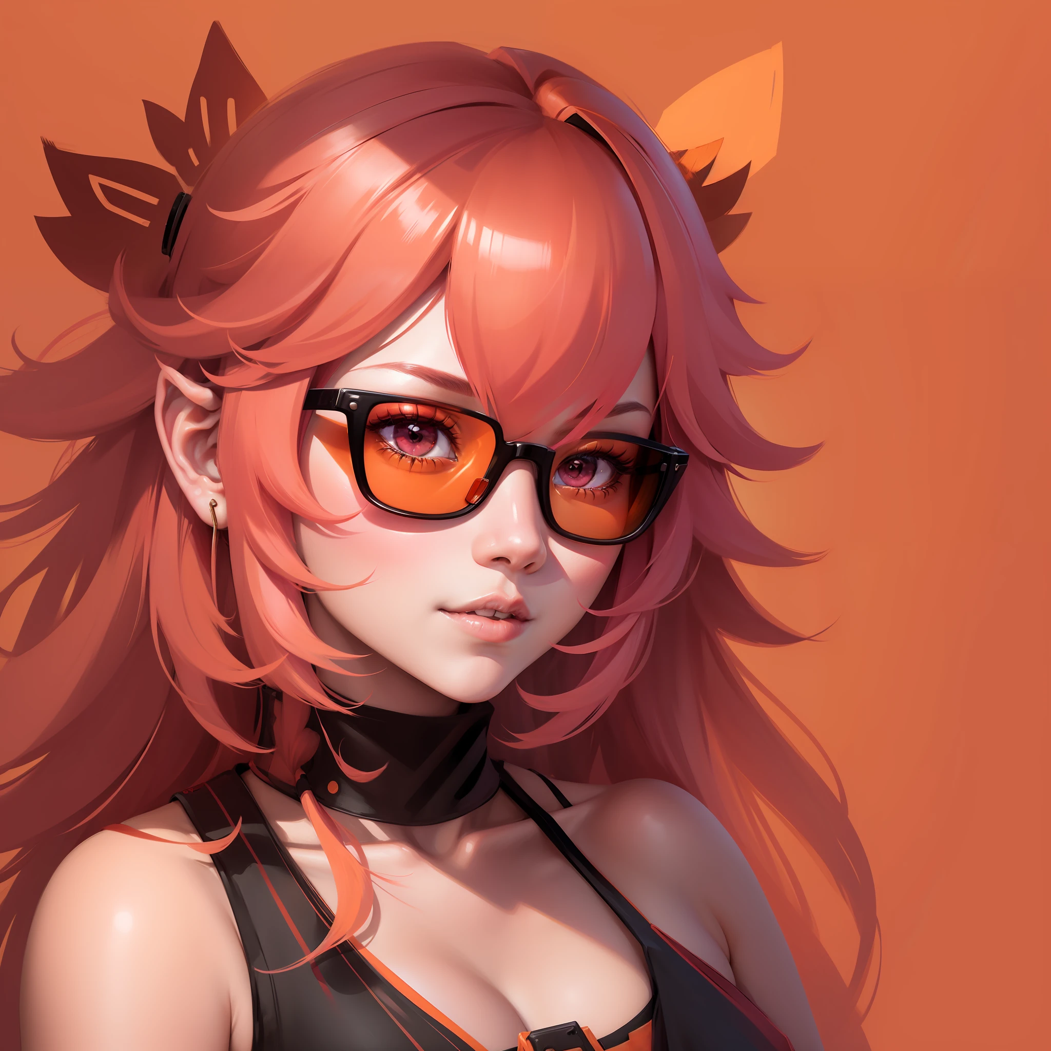 yae miko, Pink hair, a girl wearing trendy orange sunglasse, with an orange background , portrait