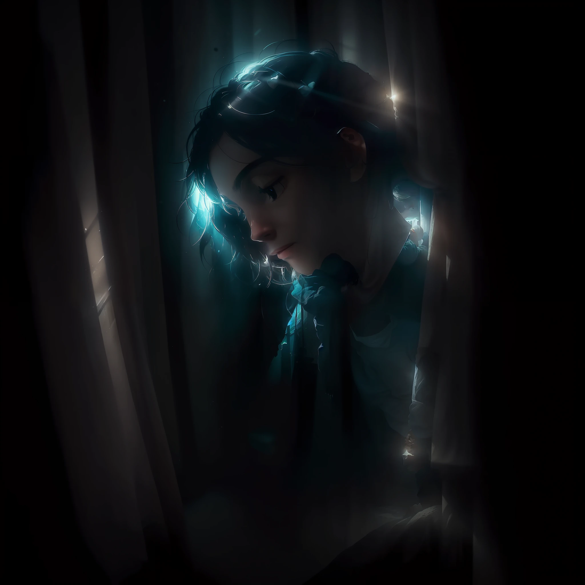 A person sitting in a dark room, with his head lowered and his shoulders hunched. The environment is cluttered and gloomy, representing the sadness and isolation that often accompany depression. However, in the same image, a small bright light enters through the window between the curtains, symbolizing hope and the possibility of finding joy even in the darkest moments.