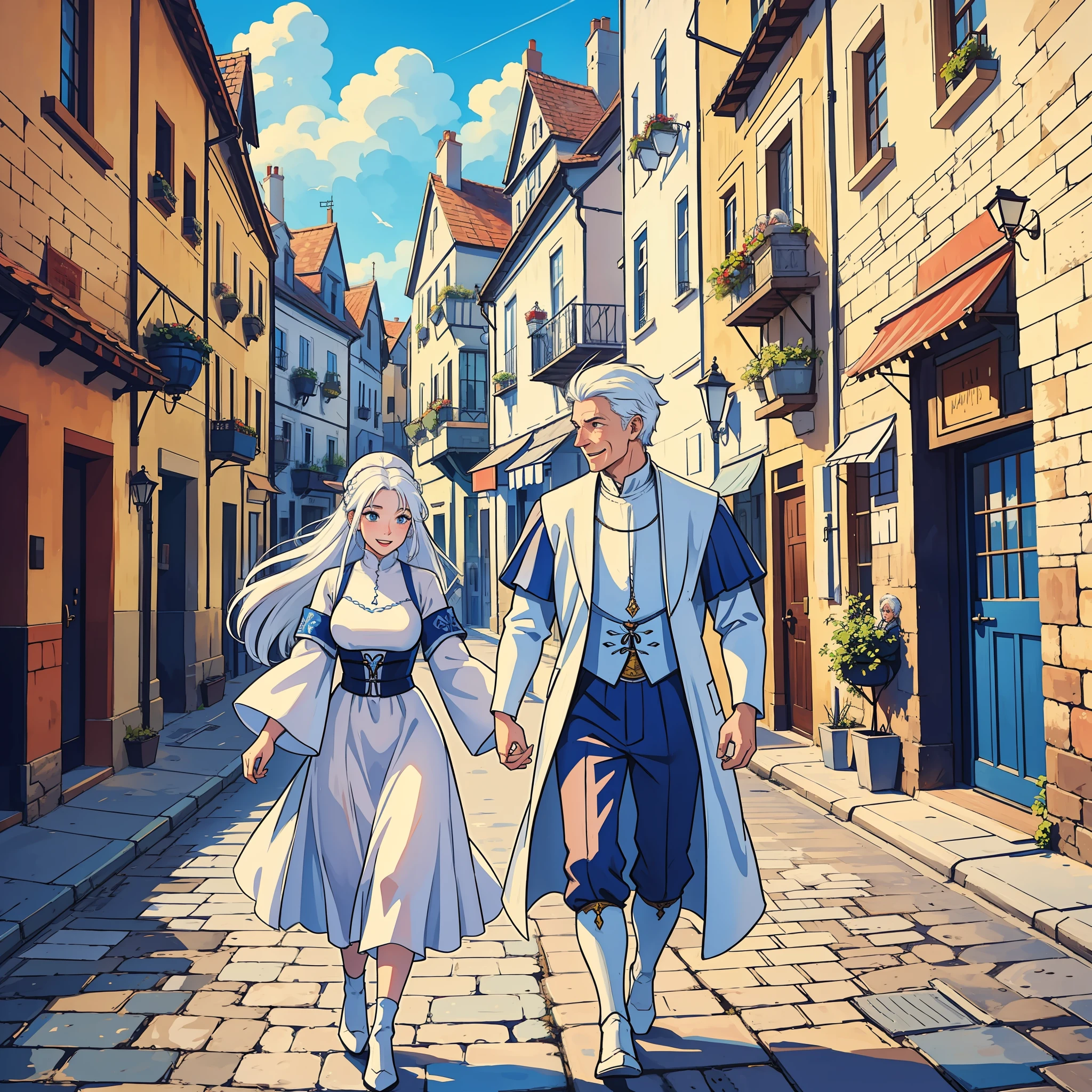 a man, a woman, a happy couple, all white-haired, in a happy medieval town with a blue sky;