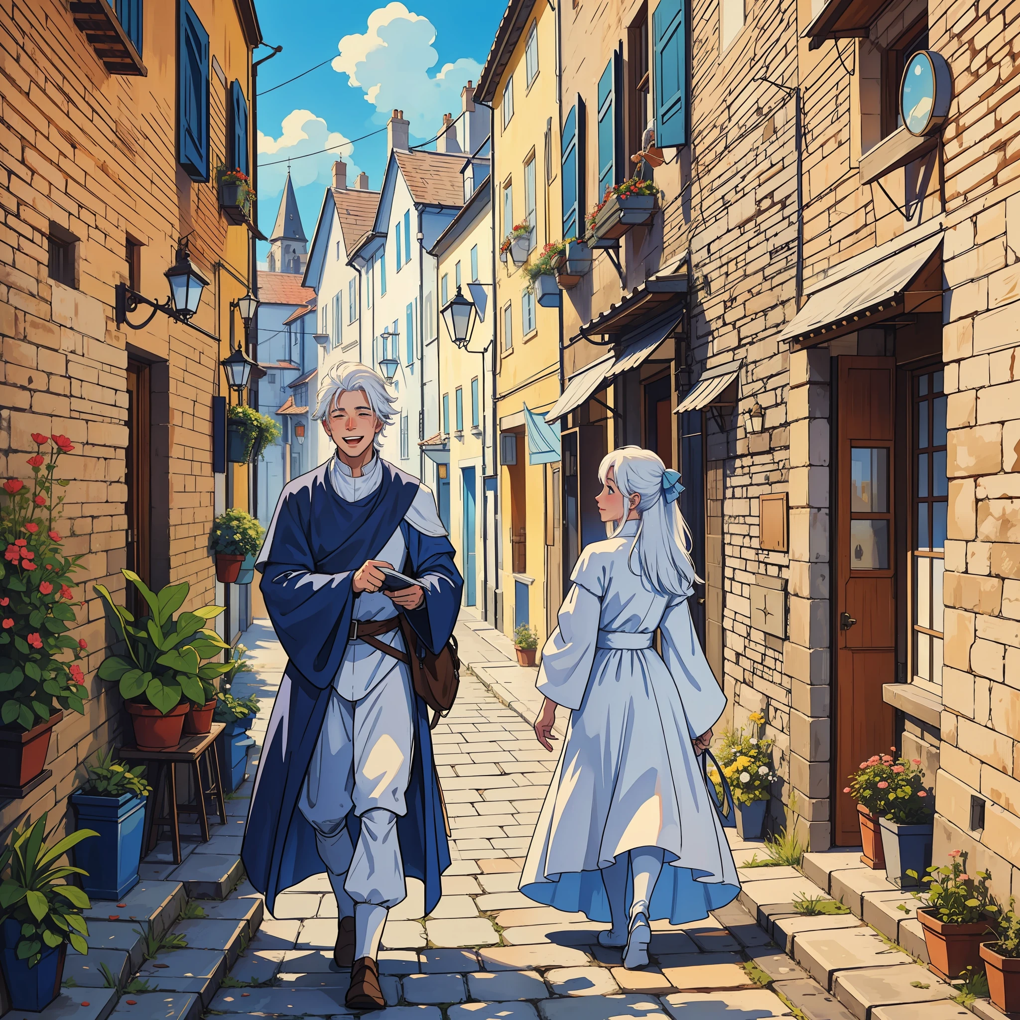 a man, a woman, a happy couple, all white-haired, in a happy medieval town with a blue sky;