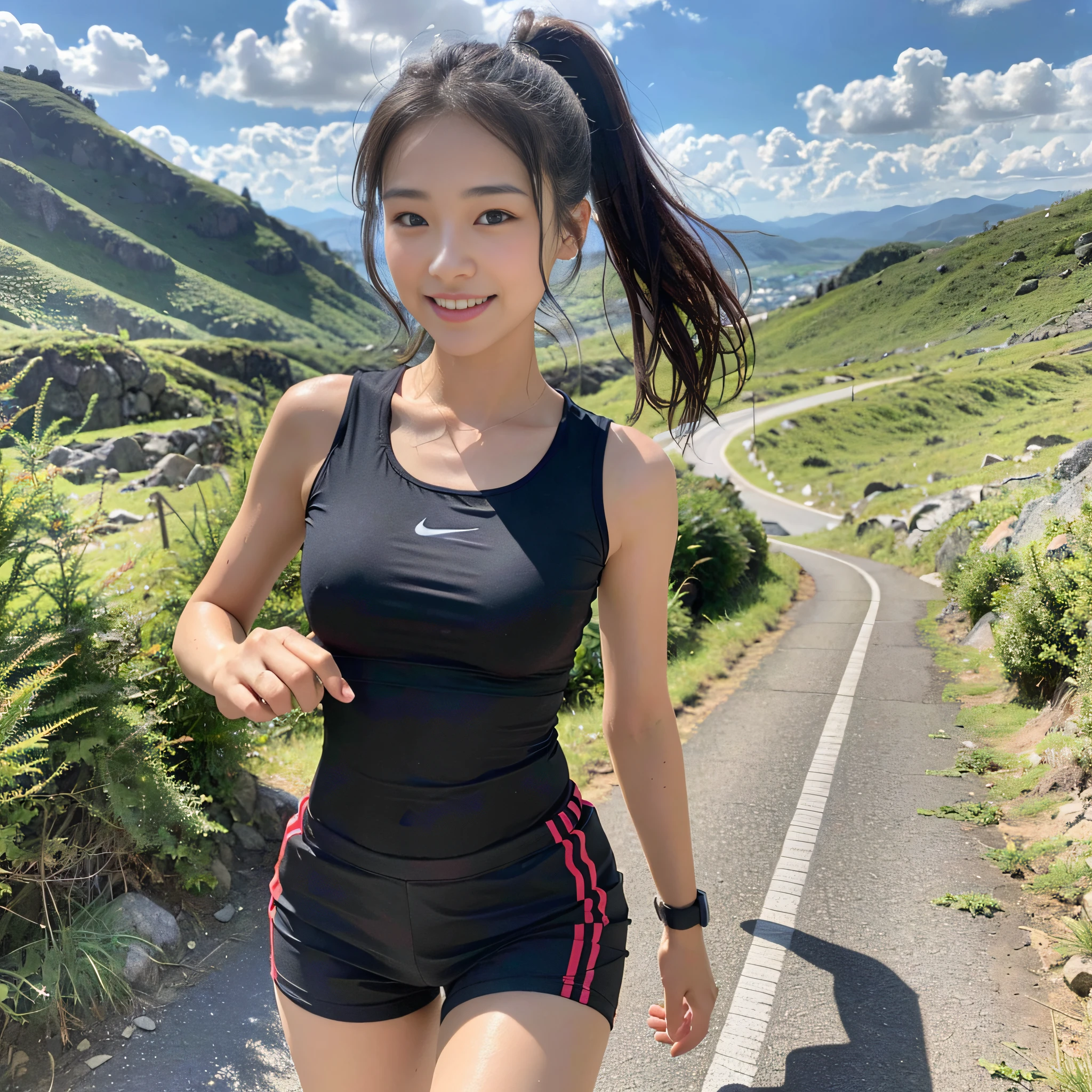 1girl, solo, (masterpiece, best quality, 8K wallpaper, photorealistic, hi-res, raw, in the rugged mountains), see the whole body from a little distance, very pretty Japan woman at 20 years old, Very detailed face, detailed hands, cute, slender figure: 1.1, medium bust, running, smile, shiny skin, dark hair, high ponytail, sweating a lot, Wet, (long sleeveless T-shirt: 1.1), black running shorts, running shoes, watch