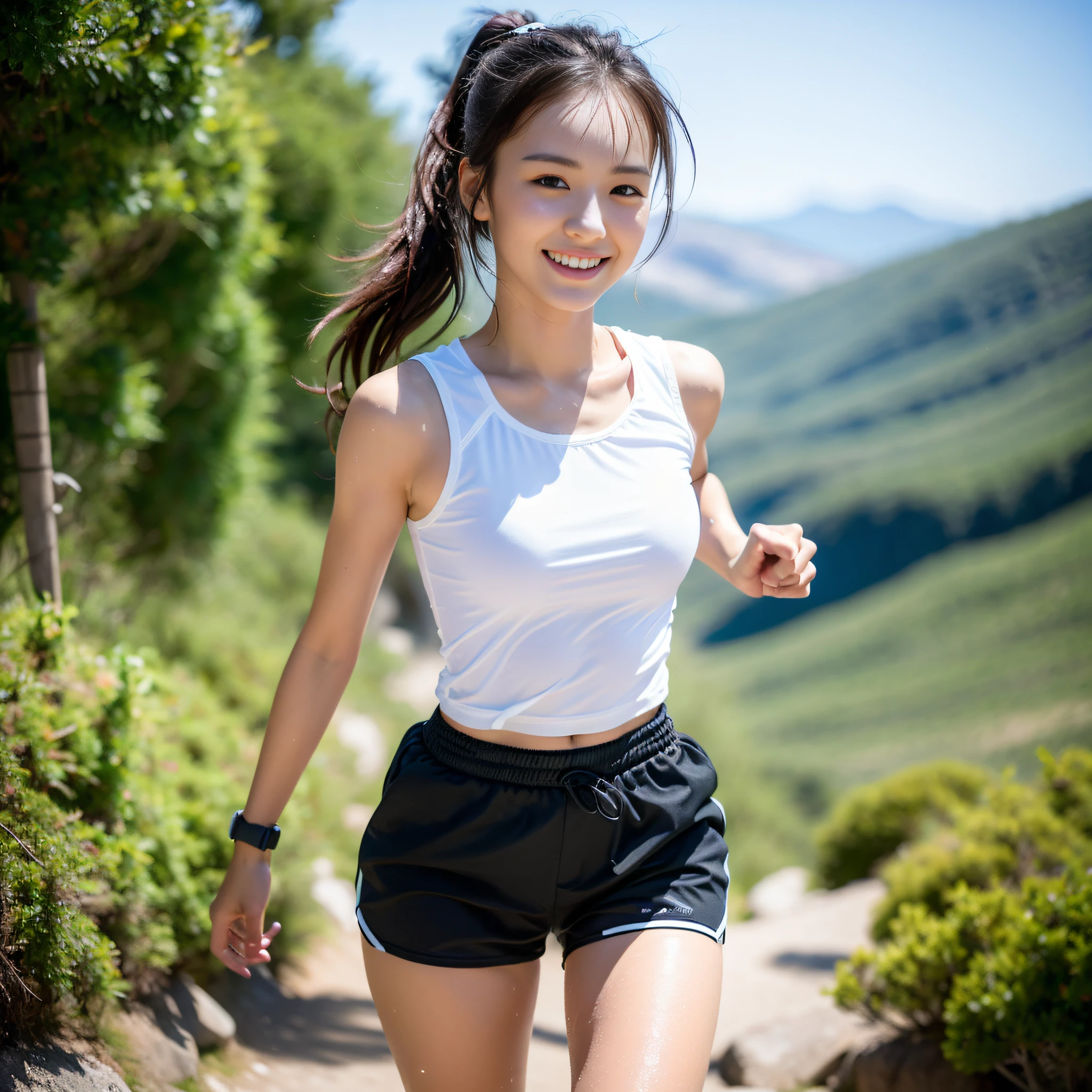 1girl, solo, (masterpiece, best quality, 8K wallpaper, photorealistic, hi-res, raw, in the rugged mountains), see the whole body from a little distance, very pretty Japan woman at 20 years old, Very detailed face, detailed hands, cute, slender figure: 1.1, medium bust, running, smile, shiny skin, dark hair, high ponytail, sweating a lot, Wet, (long sleeveless white T-shirt: 1.1), black running shorts, running shoes, watch