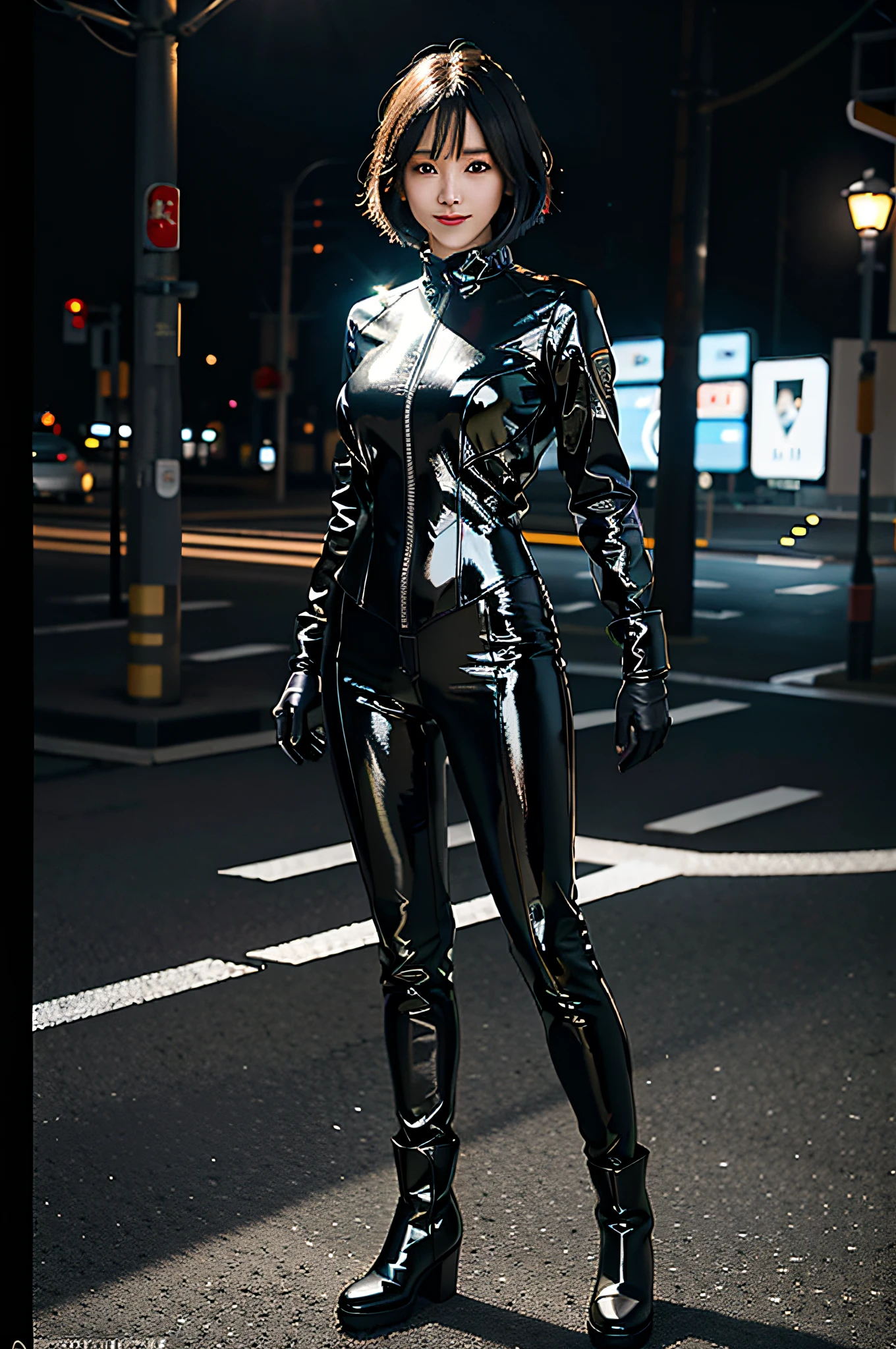 (8K, RAW photo, top quality, masterpiece: 1.2), (realistic, photorealistic: 1.4), cute, Japan girl, professional lighting, photon mapping, radiosity, physically based rendering, full body covering costumes, shiny costumes, cosplay, bob cut, black tight suit, cyberpunk city black pants, sexy, watch viewer, cg wallpaper, realistic night view background, clear background, medium breasts, black gloves, full body, boots, light smile