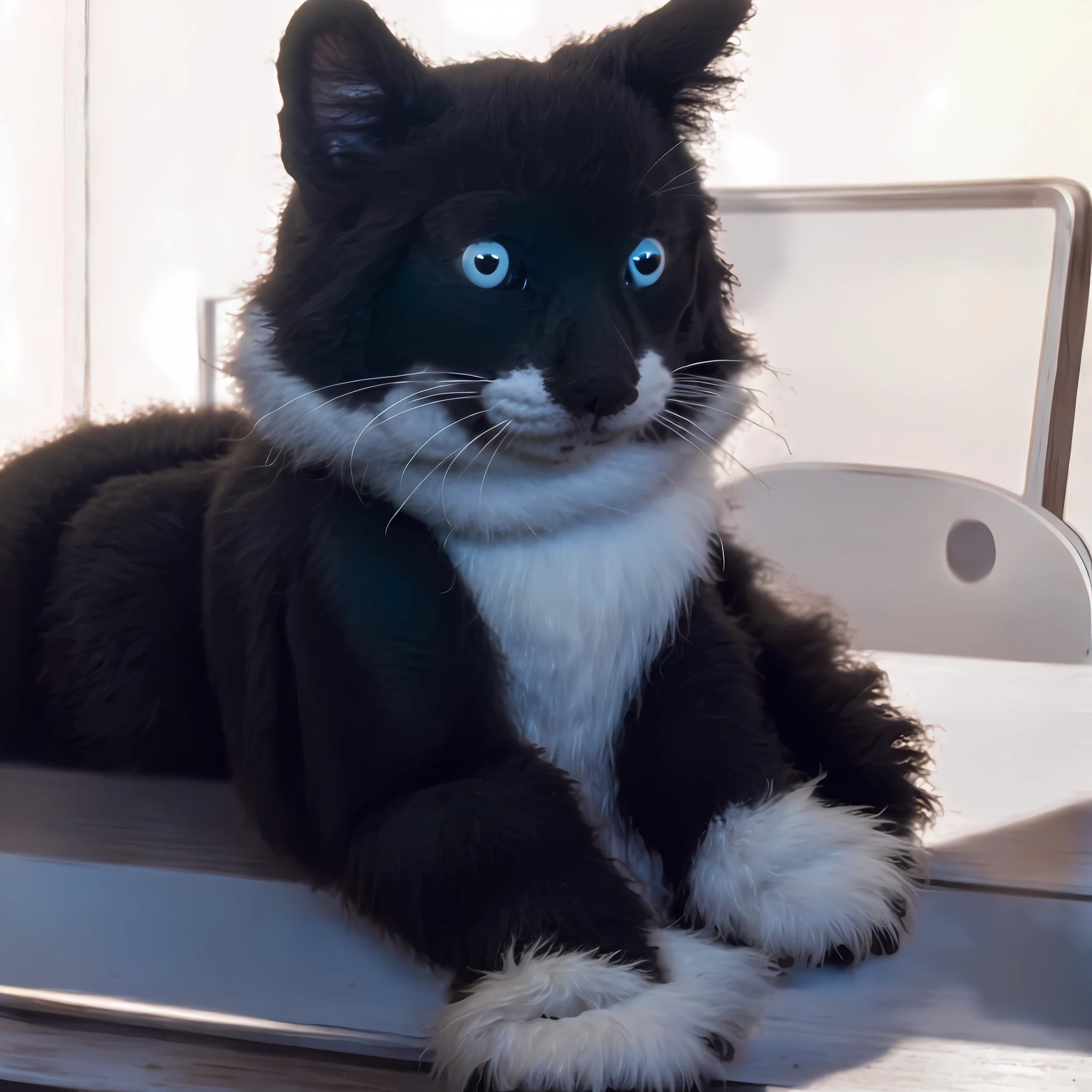 Black and white muppet doll cat sitting at a table, very cute, black and white cat, furry, looking at the camera, muppet style