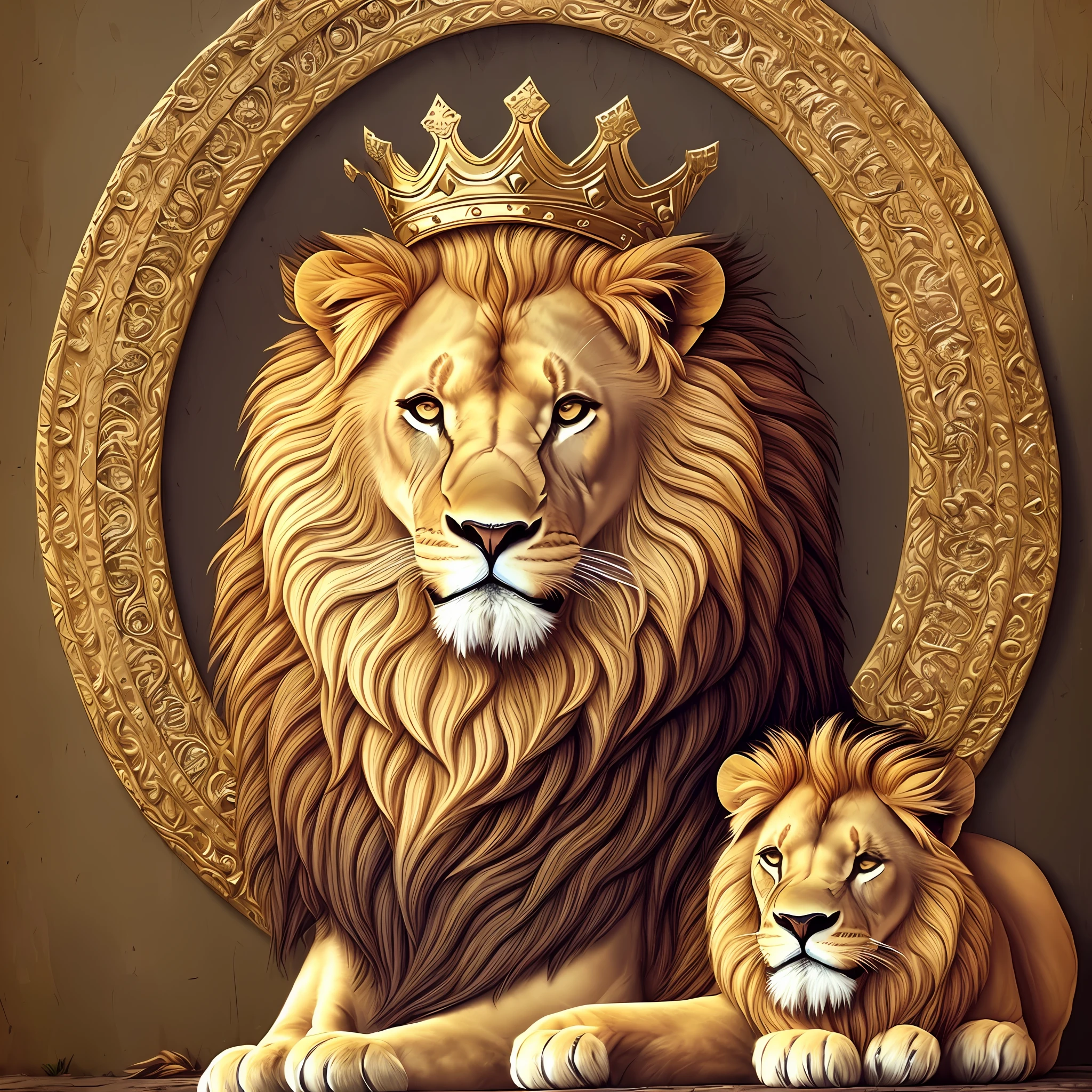 I need a prompt about a lion in a kingdom in heaven, this lion is wearing a king's crown --auto --s2