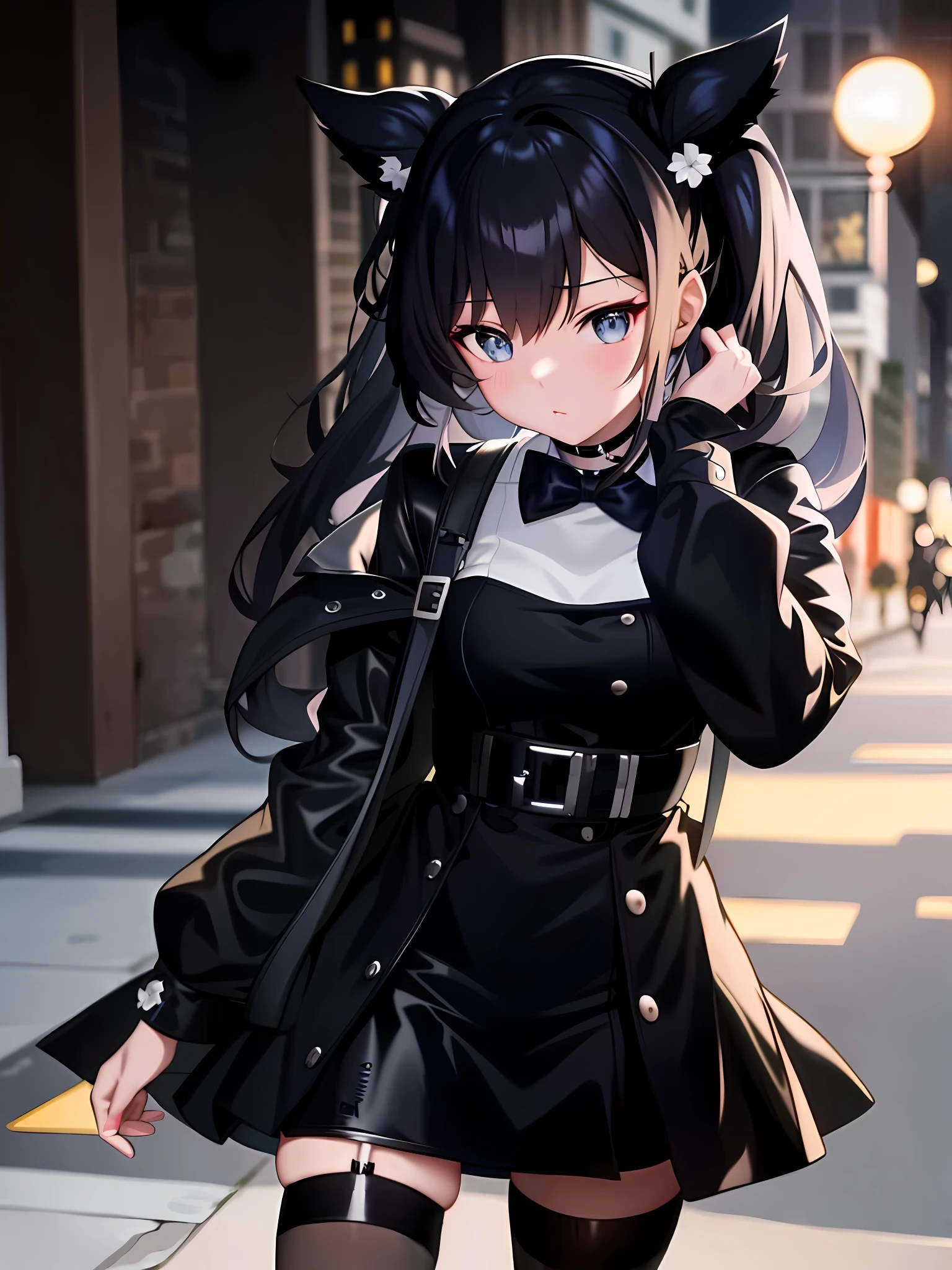 anime girl in black outfit walking down the street with a black cat ear, anime moe artstyle, anime girl wearing a black dress, marin kitagawa fanart, girls frontline style, anime style. 8k, noire, anime style 4 k, kantai collection style, anime visual of a cute girl, from girls frontline, beautiful anime high school girl