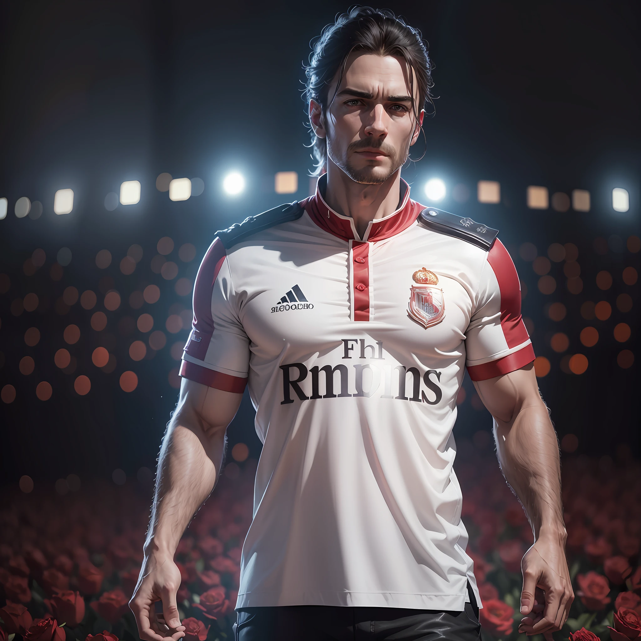 Madrid red royal shirt with black,8k, high definition, hyper-realistic, + cinematic plan + dynamic composition, incredibly detailed, sharpness, details details + night with light + perfectionism + award-winning realism ((ambient lighting)) --auto --s2