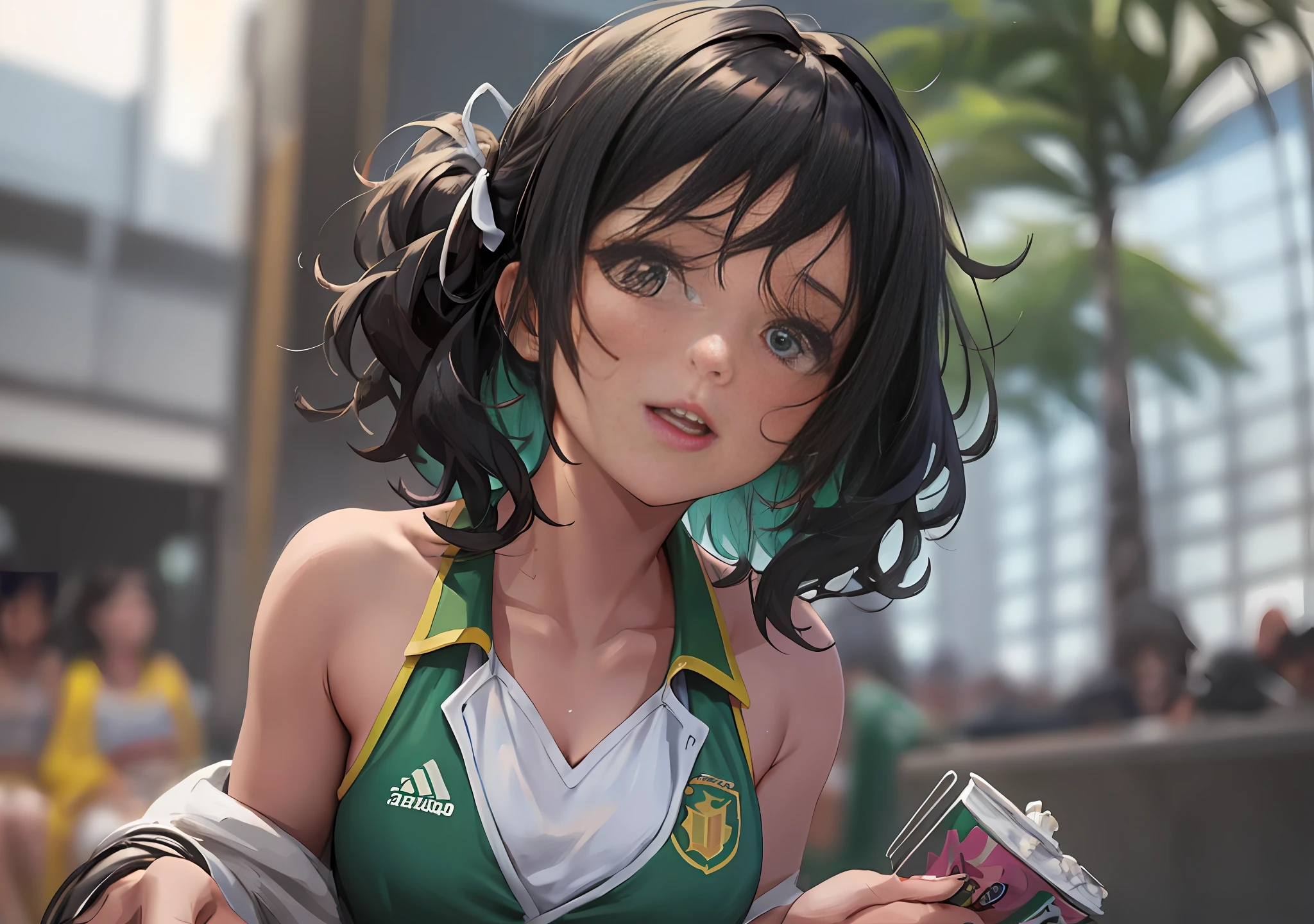 1girl, anime girl, beautiful face, latin american beauty, curly hair, tanned skin, ribbon marquee, sitting in the favela watching her friends playing soccer on a clay court, cheering, cheerful, favela, wearing the uniform of the palm tree soccer team, movie scene, cinematic environment, based in rio de janeiro, closeup full body