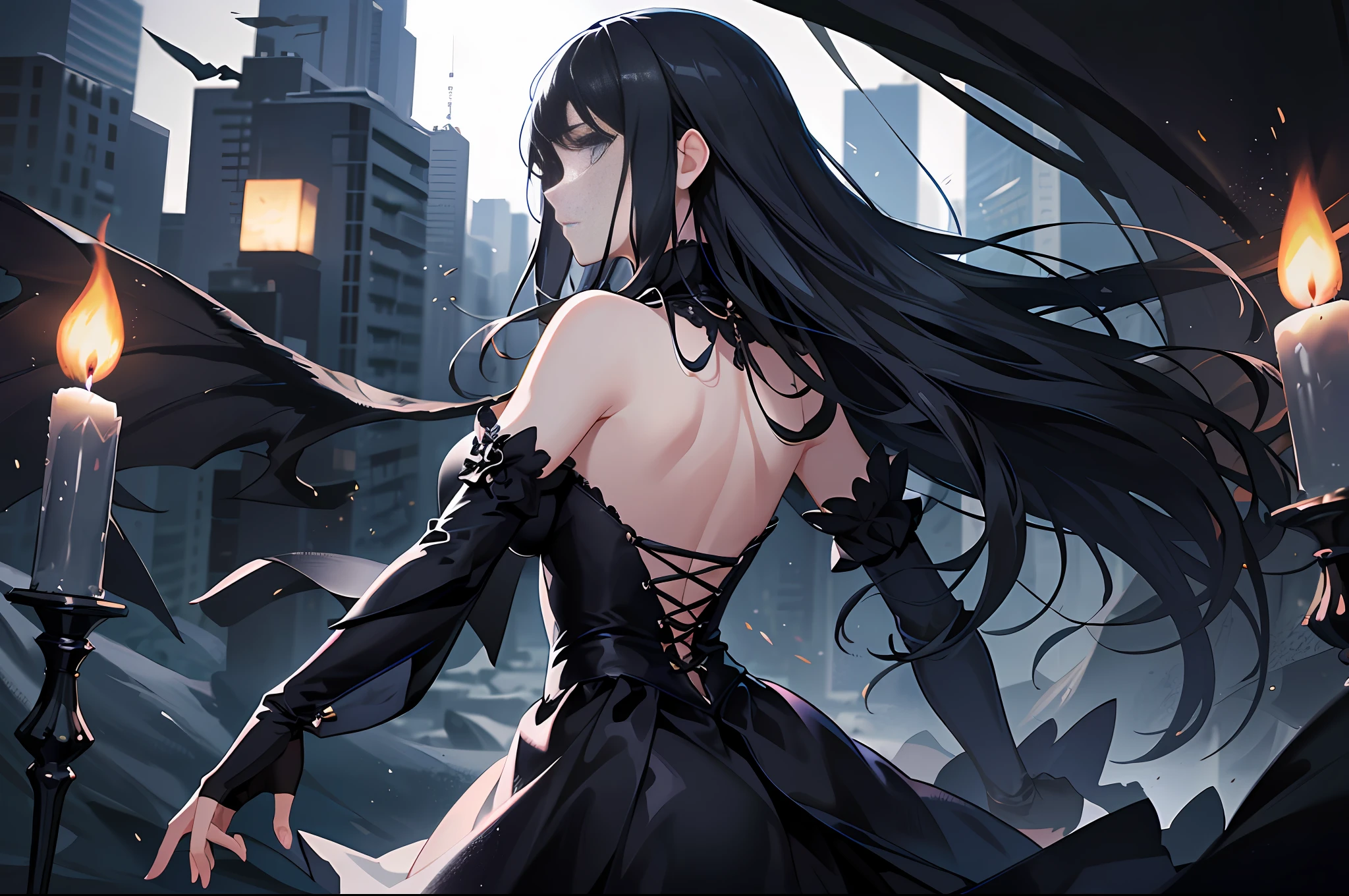 Highest quality, highest resolution, masterpiece, ultra hd mobile wallpaper, gothic style, super professional composition, girl and landscape, dark night, fairy, (super stunning back: 1.5), loose long hair, dancing in the cave, neatly arranged candles, light and dark contrast, dignified elegance, black dress, imaginative background, master contrast, Sony telephoto ultra-clear portrait, realistic