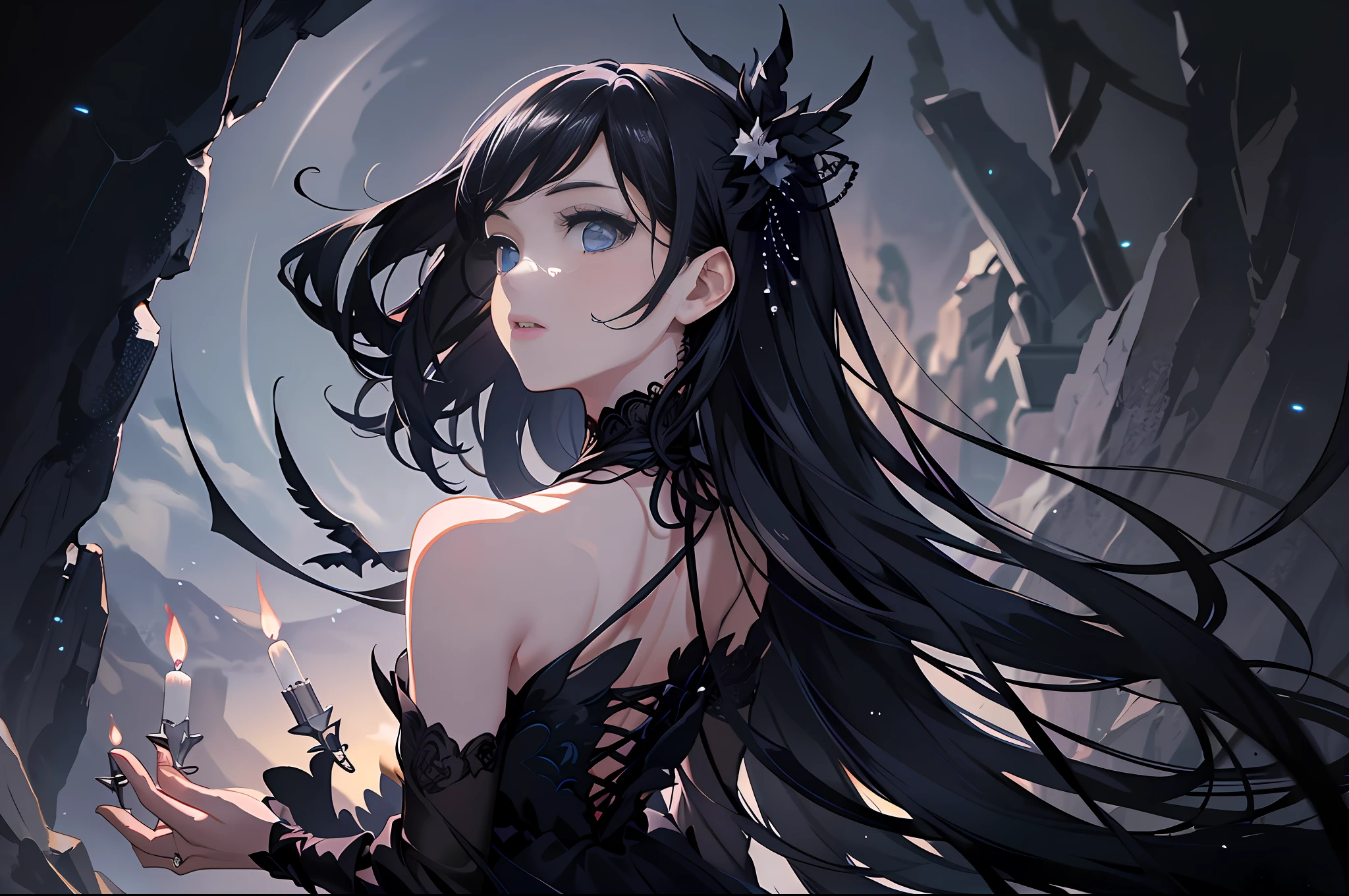 Highest quality, highest resolution, masterpiece, ultra hd mobile wallpaper, gothic style, super professional composition, girl and landscape, dark night, fairy, (super stunning back: 1.5), loose long hair, dancing in the cave, neatly arranged candles, light and dark contrast, dignified elegance, black dress, imaginative background, master contrast, Sony telephoto ultra-clear portrait, realistic