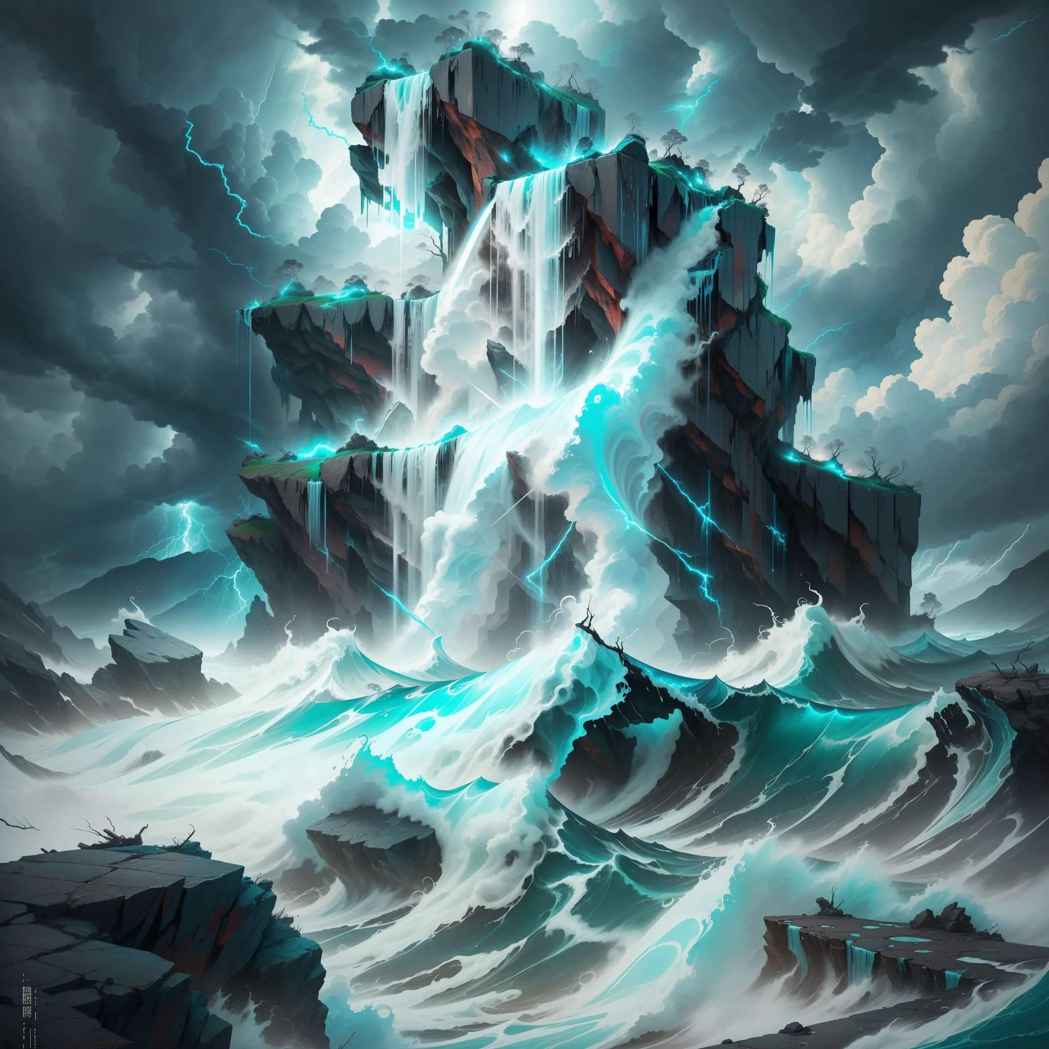 A violent and furious storm crashes over a desolate landscape. Lightning tears through the dark sky, while black clouds laden with sadness and despair block the sunlight. Tumultuous waves crash into the rough, dark rocks, echoing the emotional turmoil that consumes the person's insides. The image conveys the feeling of being trapped in a relentless storm, unable to find peace and tranquility.