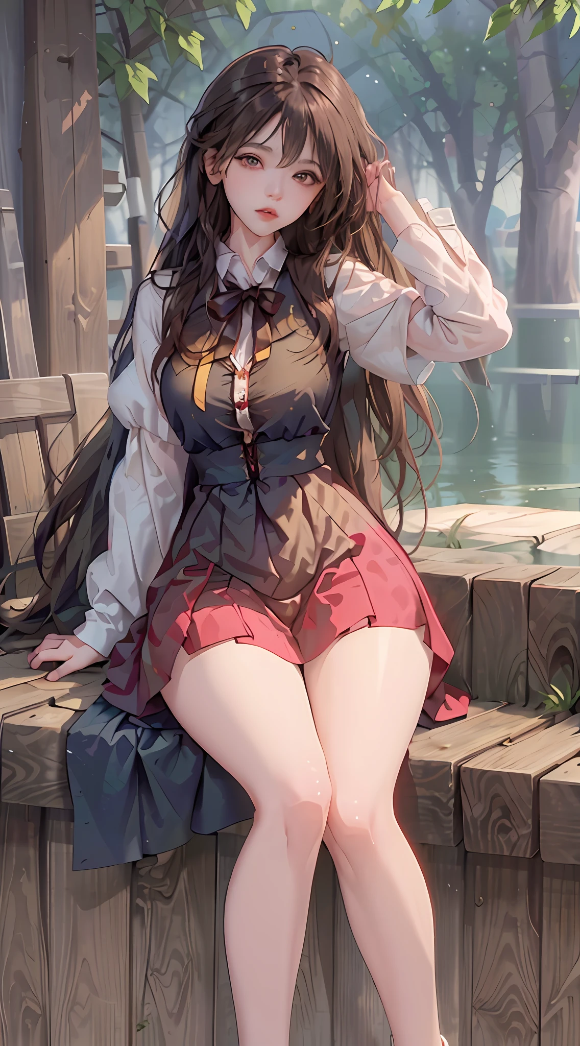 ((Top quality, 8k, Masterpiece: 1.3)), beauty, hidden face, 1 girl, beauty: 1.3, slender abs: 1.1, long black hair, (sitting on bed), ultra-detailed face, highly detailed lips, detailed eyes, double eyelids, shirt, skirt, stockings, wide hips, thin waist