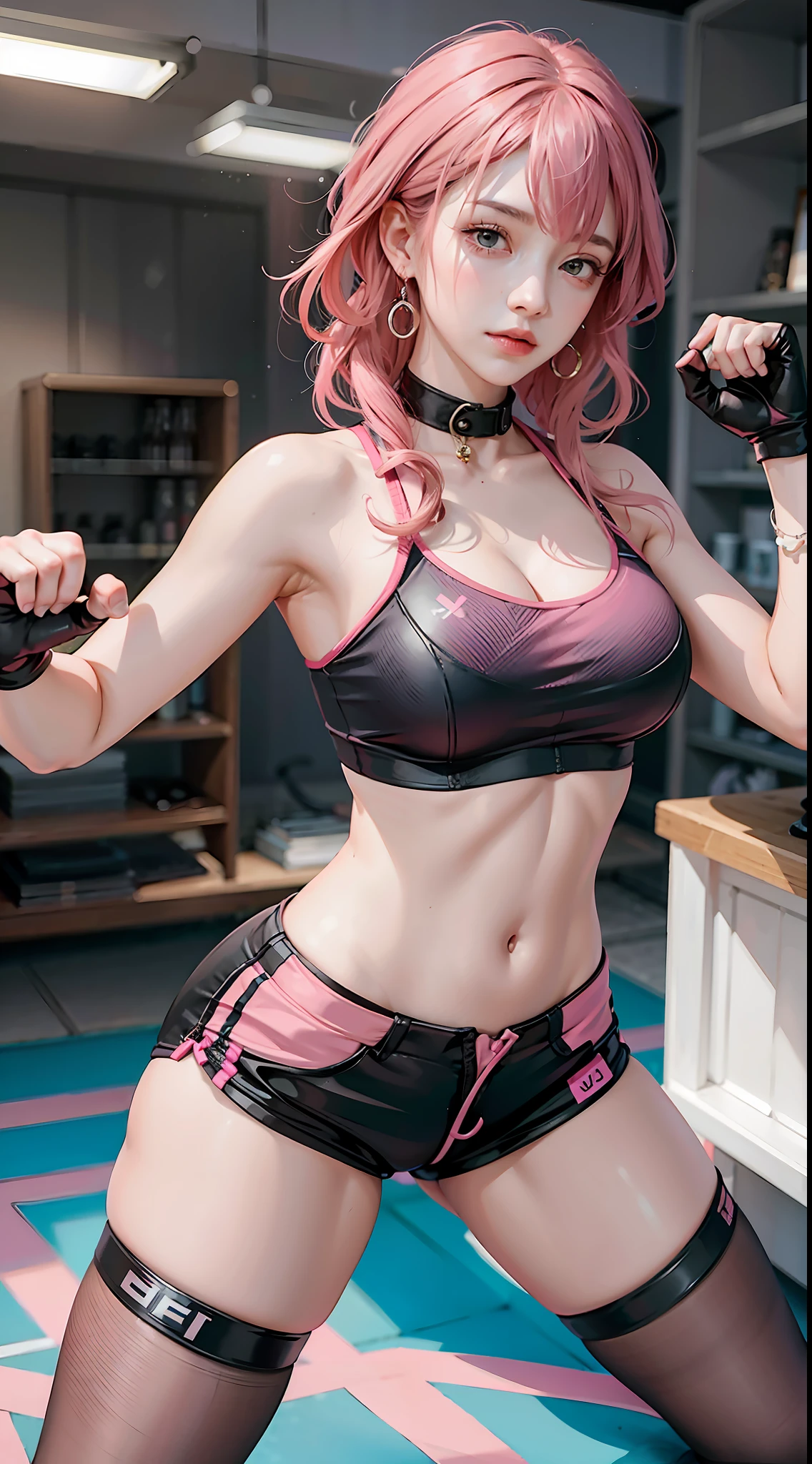 Beautiful woman, 1 girl, pink hair woman, fighting stance, firearms, black pantyhose, black gloves, sports bra, jewelry, shorts, J thighs. pink hair, drills, asymmetrical hair,