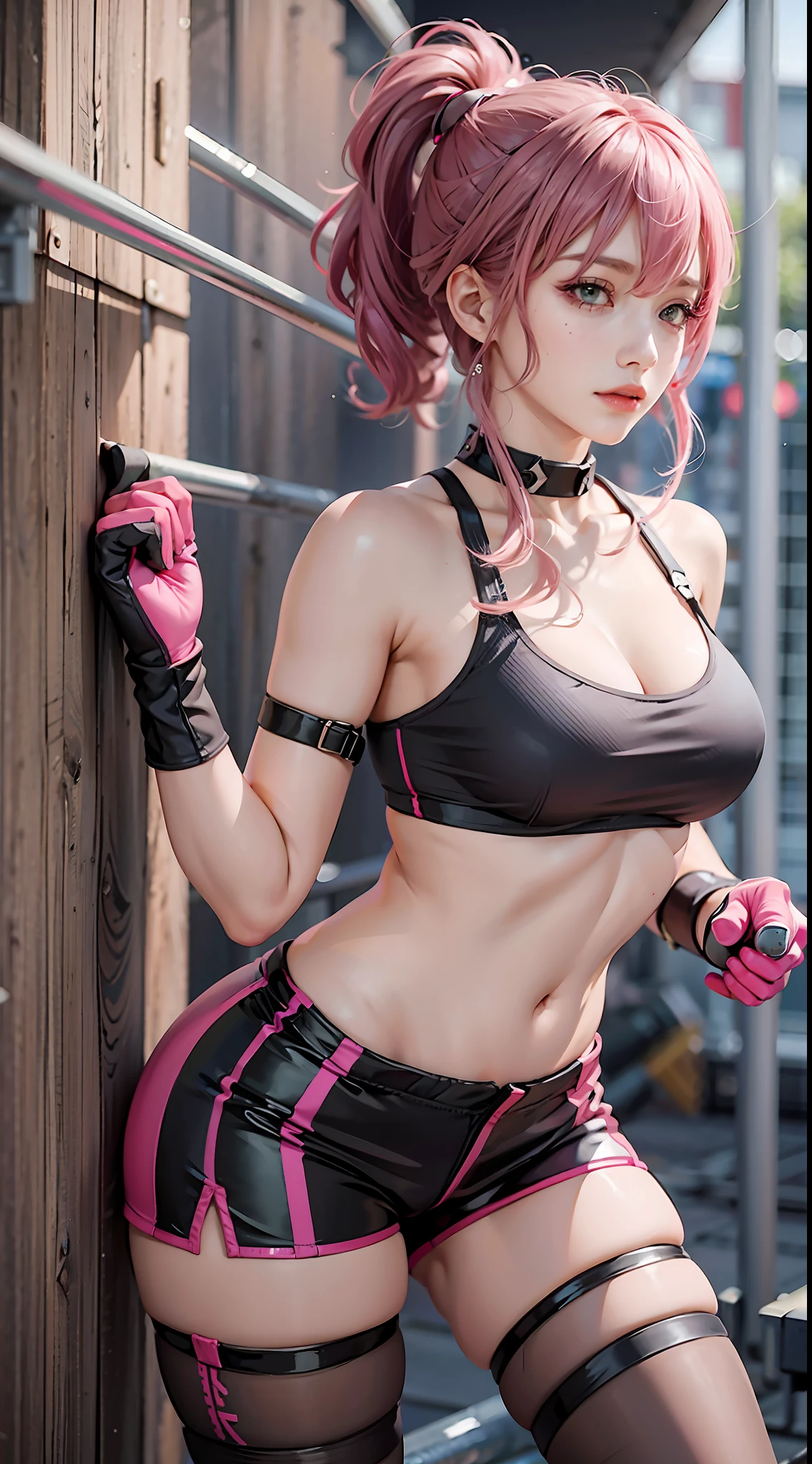 Beautiful woman, 1 girl, pink hair woman, fighting stance, firearms, black pantyhose, black gloves, sports bra, jewelry, shorts, J thighs. pink hair, drills, asymmetrical hair,