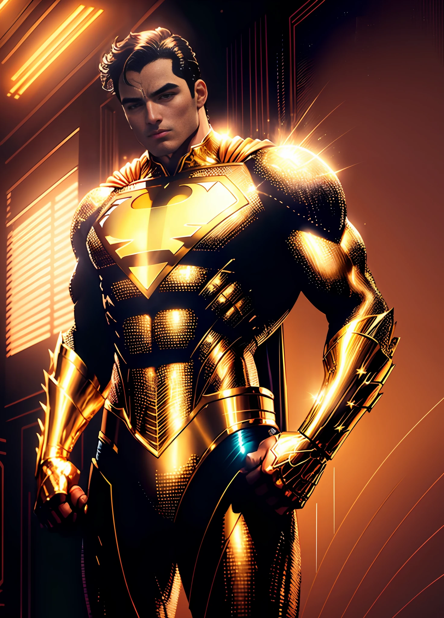 Golden Superman, shimmering golden costume with Pearly White, (extremely detailed 8k CG unit wallpaper, Golden uniform, gold gold Superman costume, masterpiece, best quality, ultra-detailed), (best lighting, best shadow, extremely delicate and beautiful), floating, [(((1man))), (Superman: 1.3), muscles, bright blue lines, detailed costume, heroic pose):0.8], [(celestial landscape, night, bright neon lights:1.2,  blue energy effects, volumetric light):0.5]