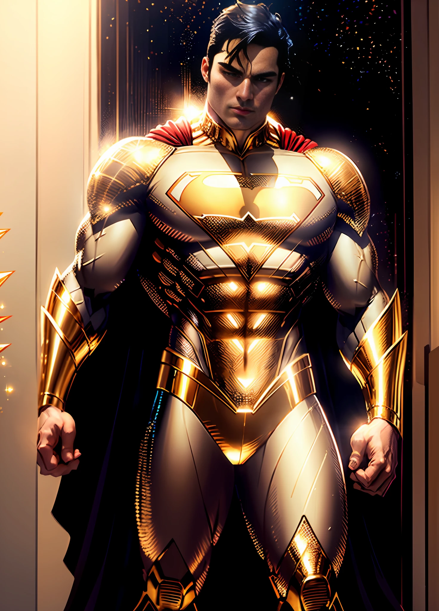 Golden Superman, shimmering golden costume with Pearly White, (extremely detailed 8k CG unit wallpaper, Golden uniform, gold gold Superman costume, masterpiece, best quality, ultra-detailed), (best lighting, best shadow, extremely delicate and beautiful), floating, [(((1man))), (Superman: 1.3), muscles, bright blue lines, detailed costume, heroic pose):0.8], [(celestial landscape, night, bright neon lights:1.2,  blue energy effects, volumetric light):0.5]